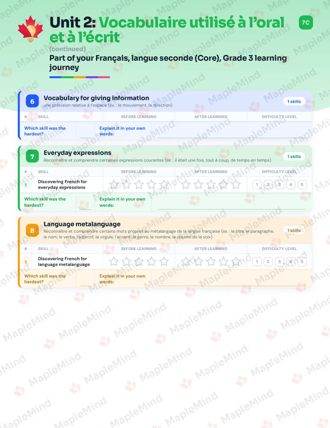 Page 13 of 35 from the Français, langue seconde (Core), Grade 3 Quebec Course Companion — skills tracker with before and after self-assessment