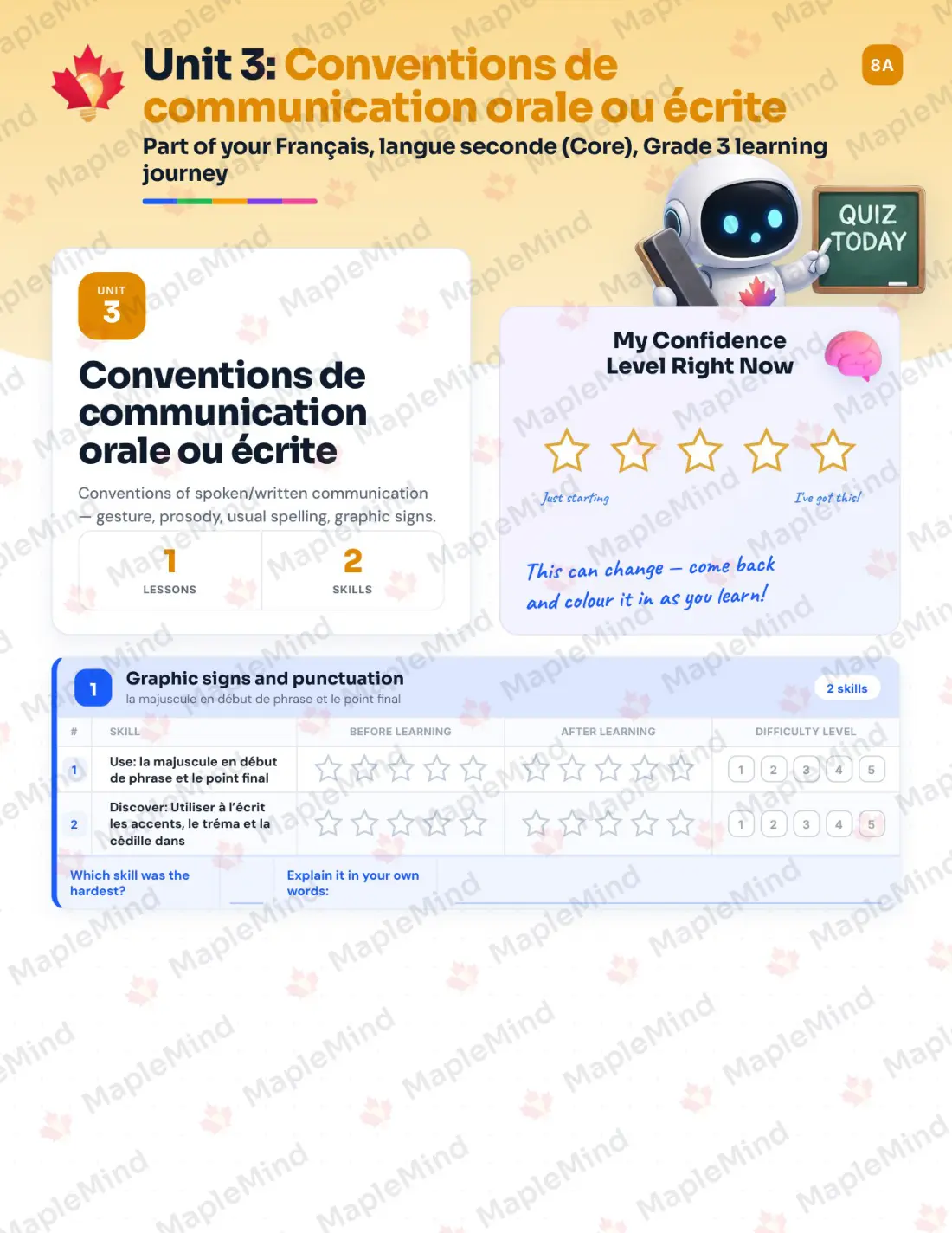 Page 16 of 35 from the Français, langue seconde (Core), Grade 3 Quebec Course Companion — skills tracker with before and after self-assessment