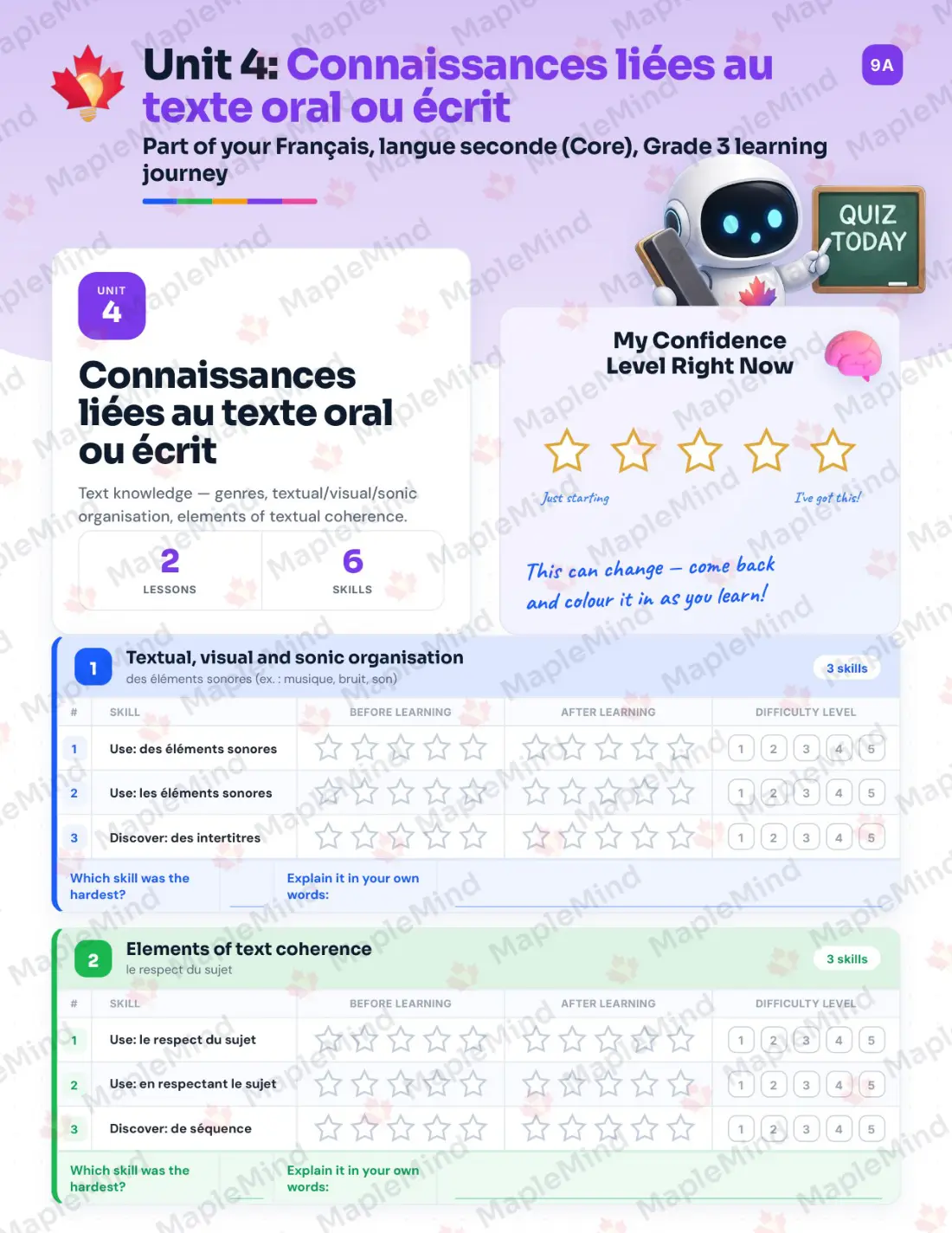 Page 19 of 35 from the Français, langue seconde (Core), Grade 3 Quebec Course Companion — skills tracker with before and after self-assessment