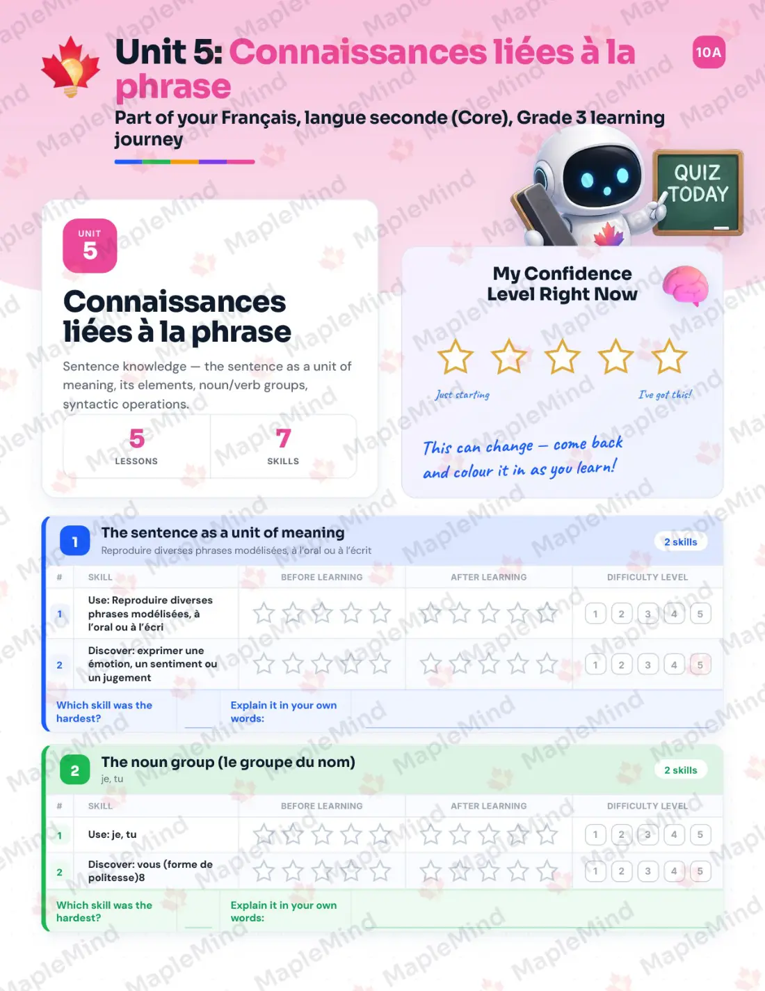 Page 22 of 35 from the Français, langue seconde (Core), Grade 3 Quebec Course Companion — skills tracker with before and after self-assessment
