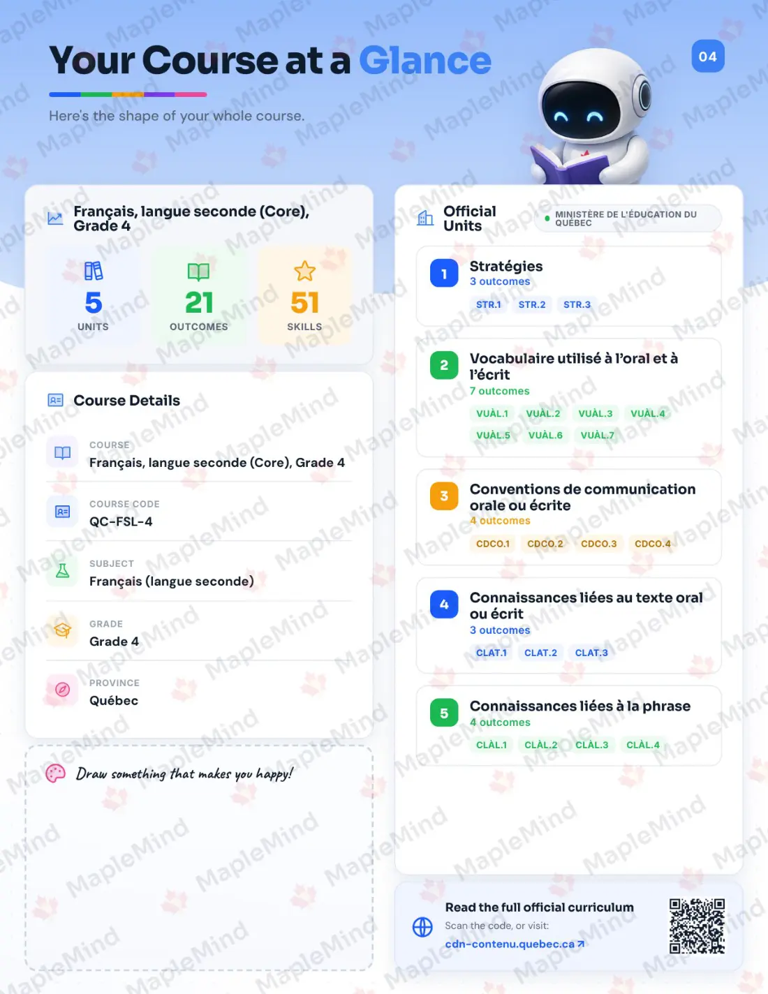 Page 4 of 37 from the Français, langue seconde (Core), Grade 4 Quebec Course Companion — the course at a glance for parents