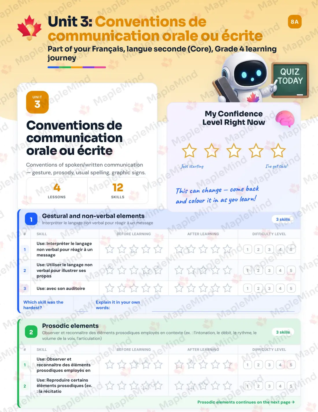 Page 16 of 37 from the Français, langue seconde (Core), Grade 4 Quebec Course Companion — skills tracker with before and after self-assessment