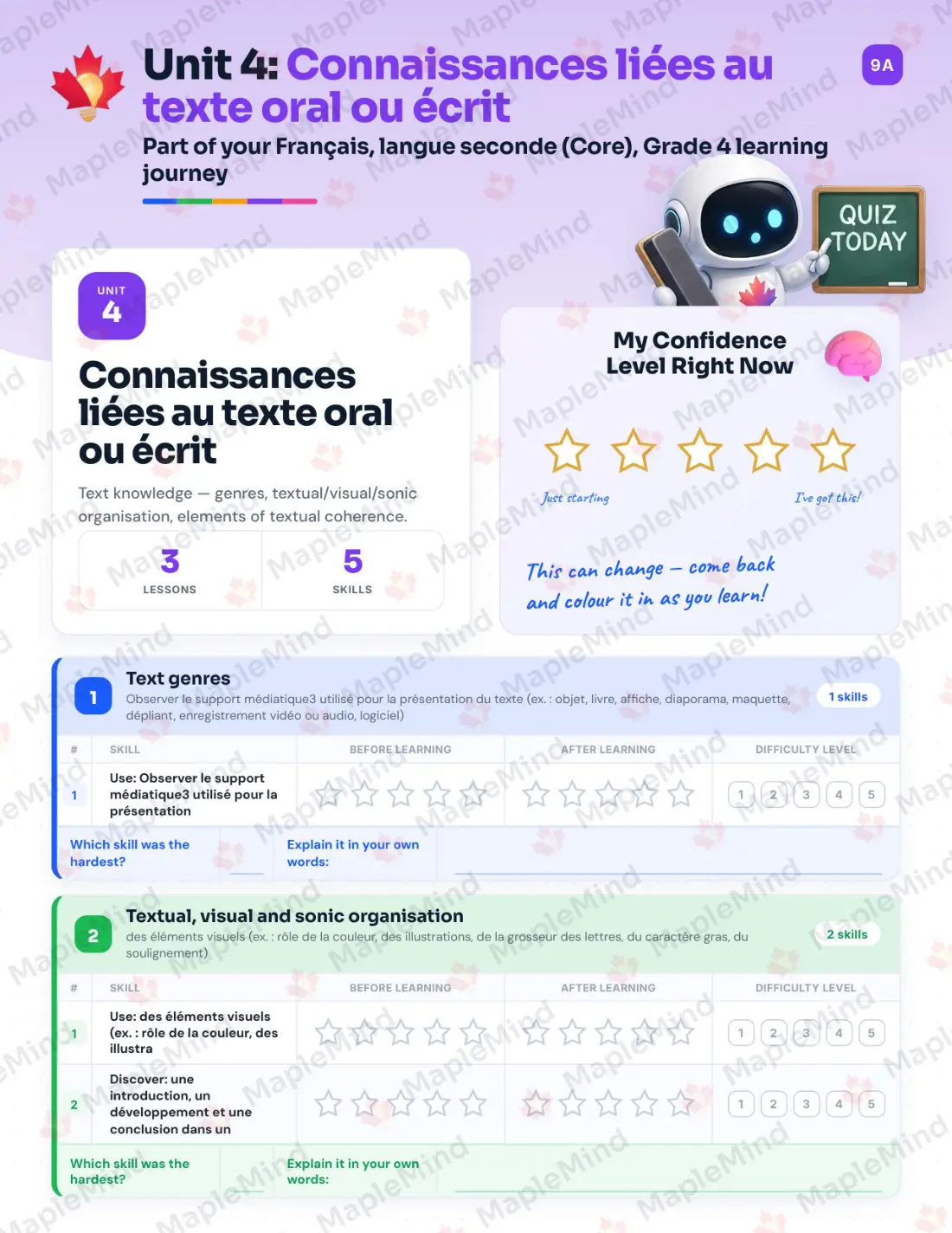 Page 20 of 37 from the Français, langue seconde (Core), Grade 4 Quebec Course Companion — skills tracker with before and after self-assessment