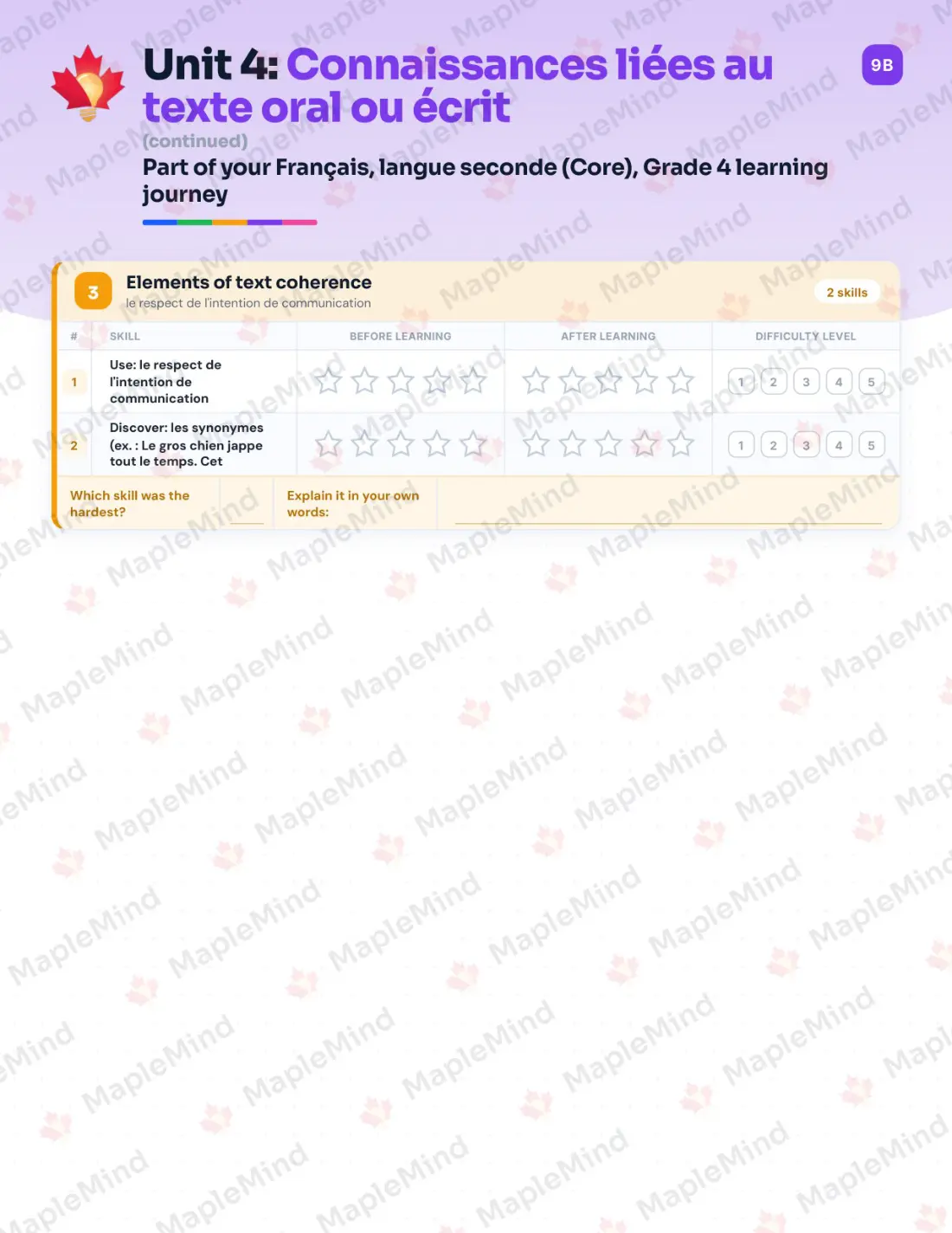 Page 21 of 37 from the Français, langue seconde (Core), Grade 4 Quebec Course Companion — skills tracker with before and after self-assessment