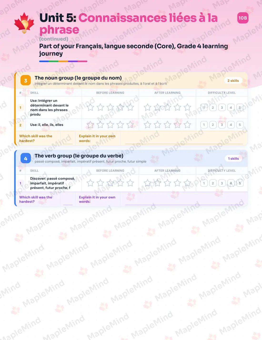 Page 25 of 37 from the Français, langue seconde (Core), Grade 4 Quebec Course Companion — skills tracker with before and after self-assessment