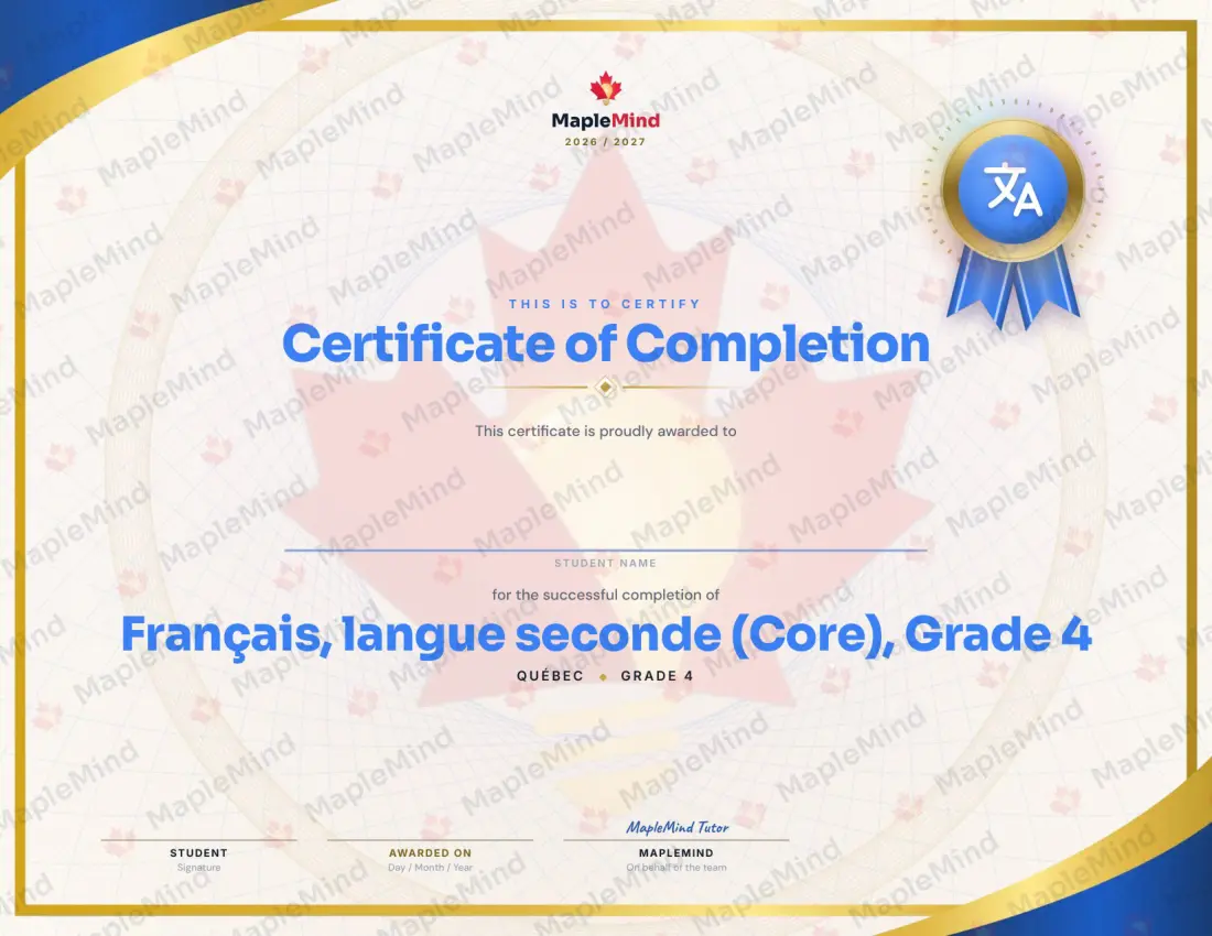 Page 37 of 37 from the Français, langue seconde (Core), Grade 4 Quebec Course Companion — year in review and certificate of completion