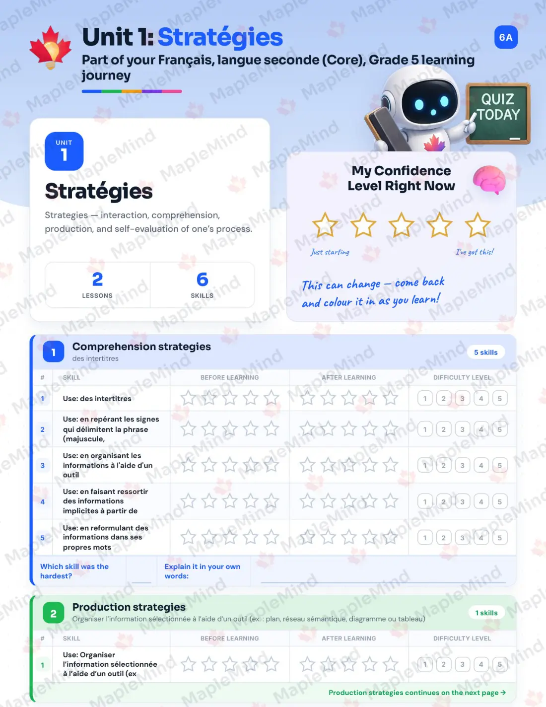 Page 6 of 32 from the Français, langue seconde (Core), Grade 5 Quebec Course Companion — skills tracker with before and after self-assessment