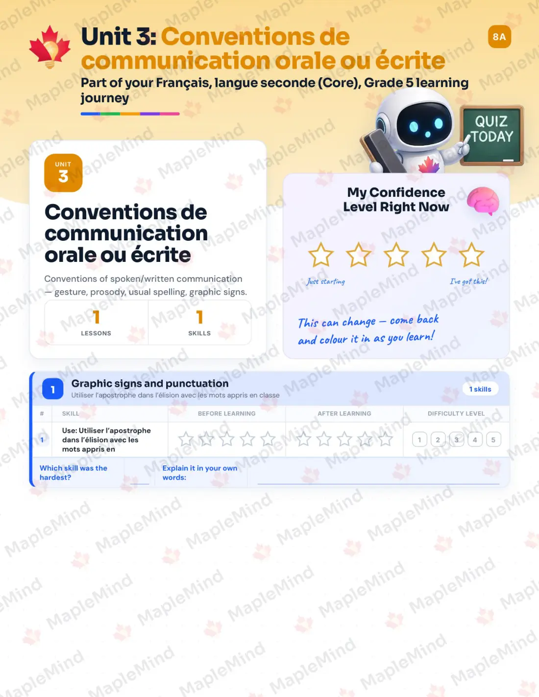 Page 14 of 32 from the Français, langue seconde (Core), Grade 5 Quebec Course Companion — skills tracker with before and after self-assessment