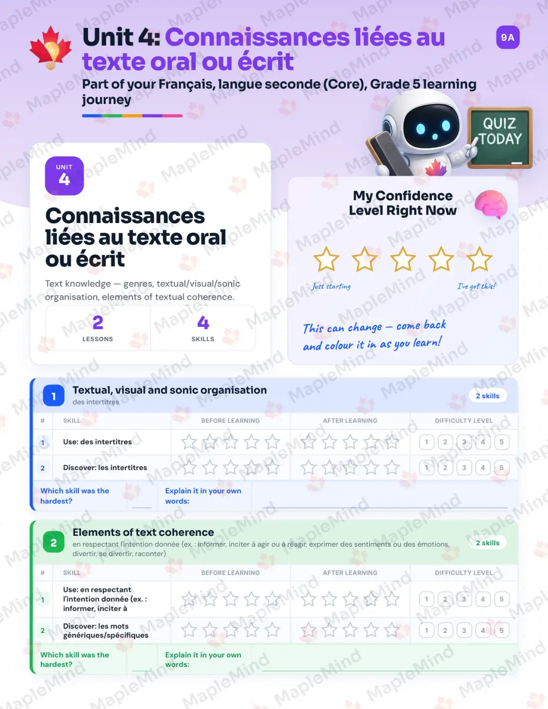 Page 17 of 32 from the Français, langue seconde (Core), Grade 5 Quebec Course Companion — skills tracker with before and after self-assessment