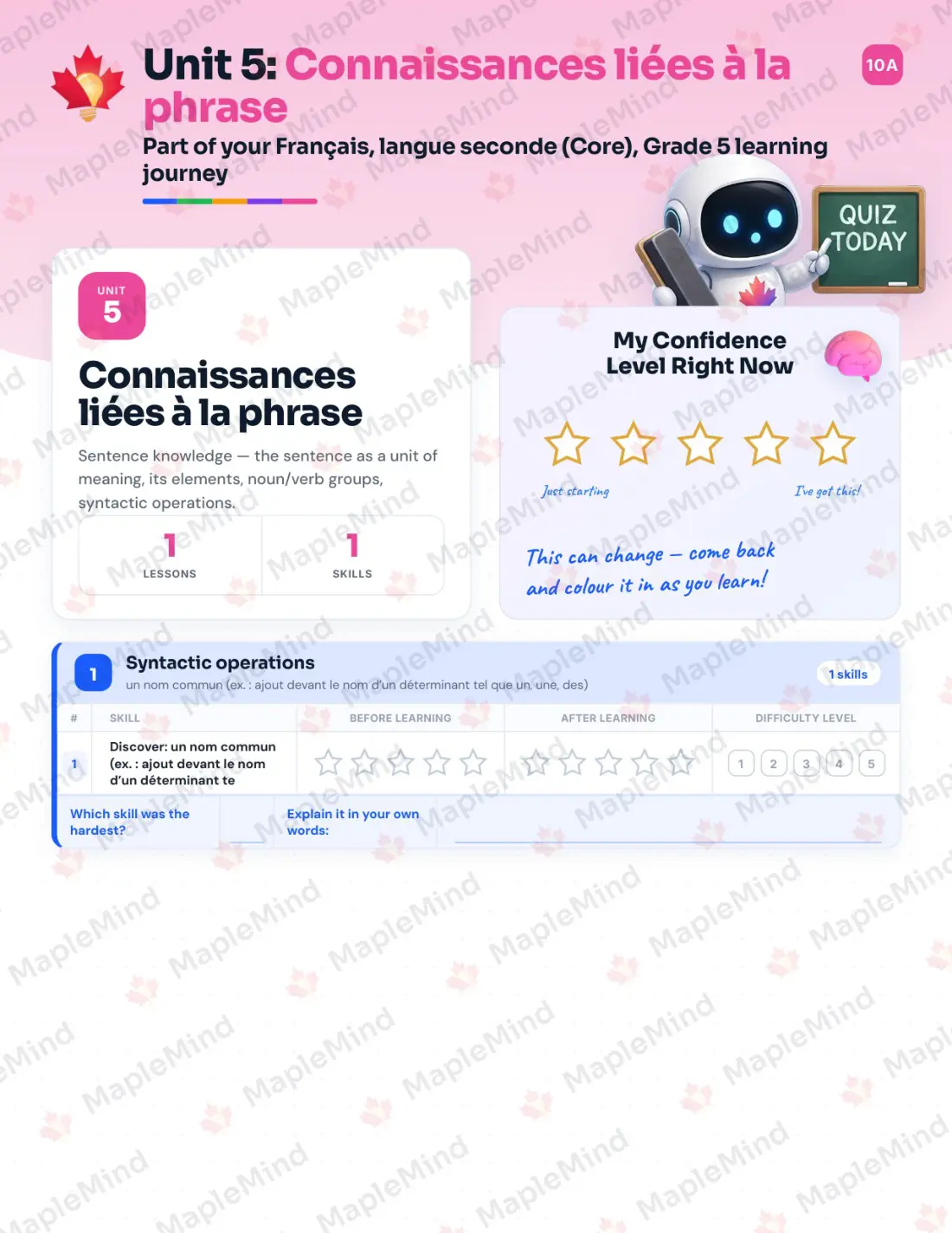 Page 20 of 32 from the Français, langue seconde (Core), Grade 5 Quebec Course Companion — skills tracker with before and after self-assessment