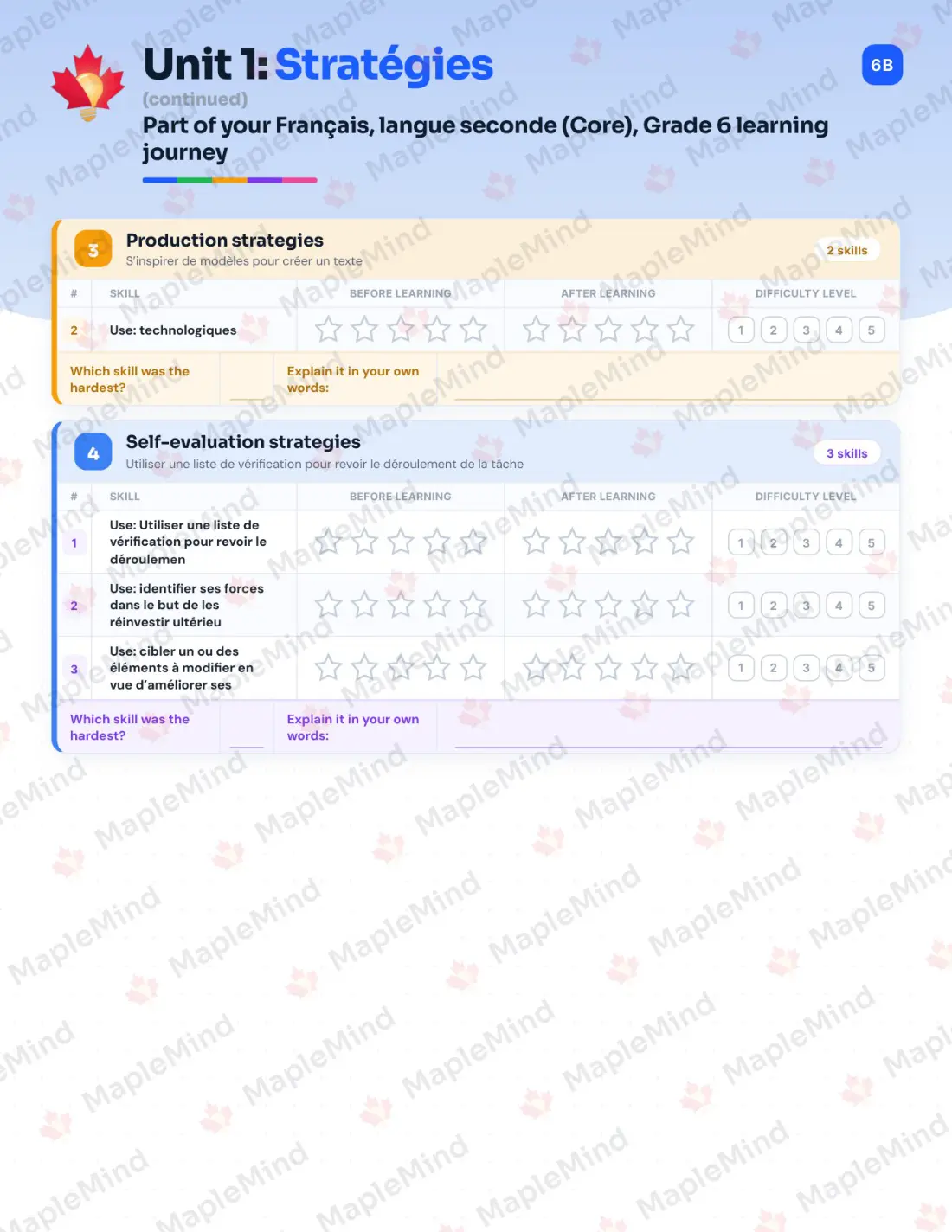 Page 8 of 36 from the Français, langue seconde (Core), Grade 6 Quebec Course Companion — skills tracker with before and after self-assessment