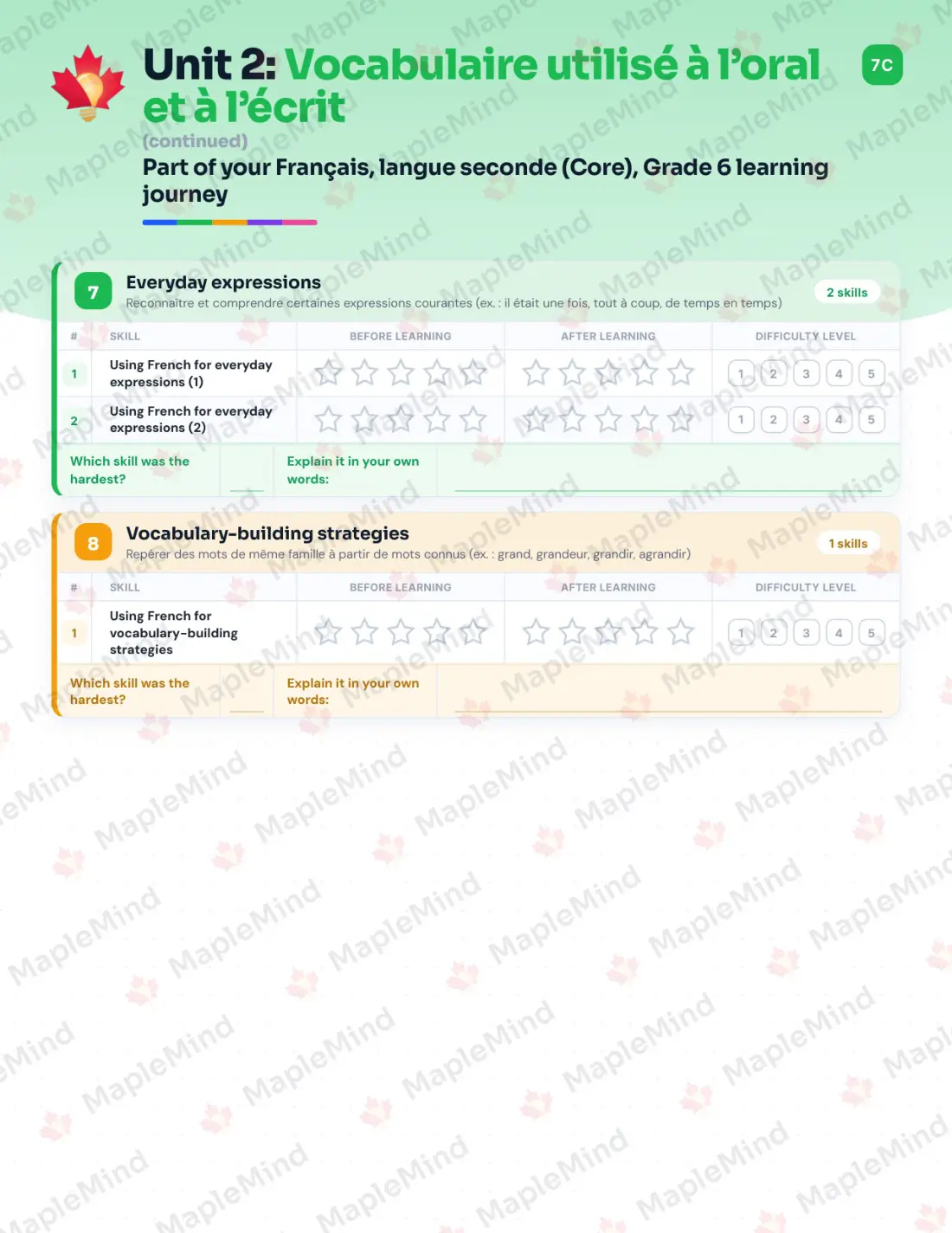 Page 13 of 36 from the Français, langue seconde (Core), Grade 6 Quebec Course Companion — skills tracker with before and after self-assessment