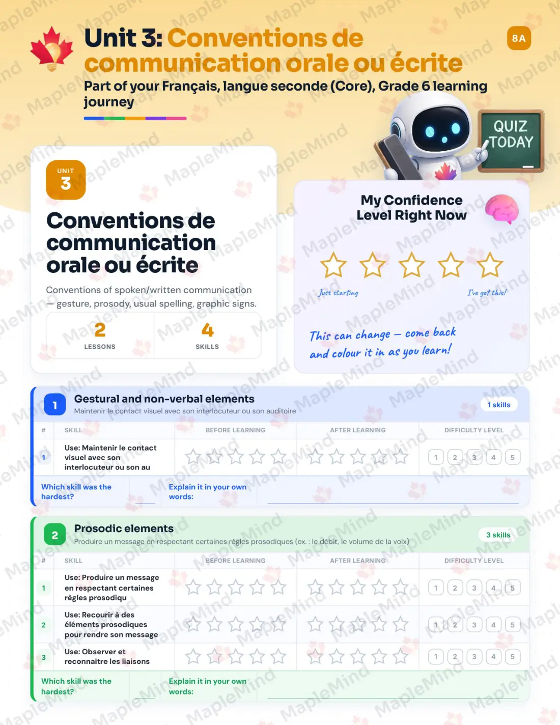 Page 16 of 36 from the Français, langue seconde (Core), Grade 6 Quebec Course Companion — skills tracker with before and after self-assessment