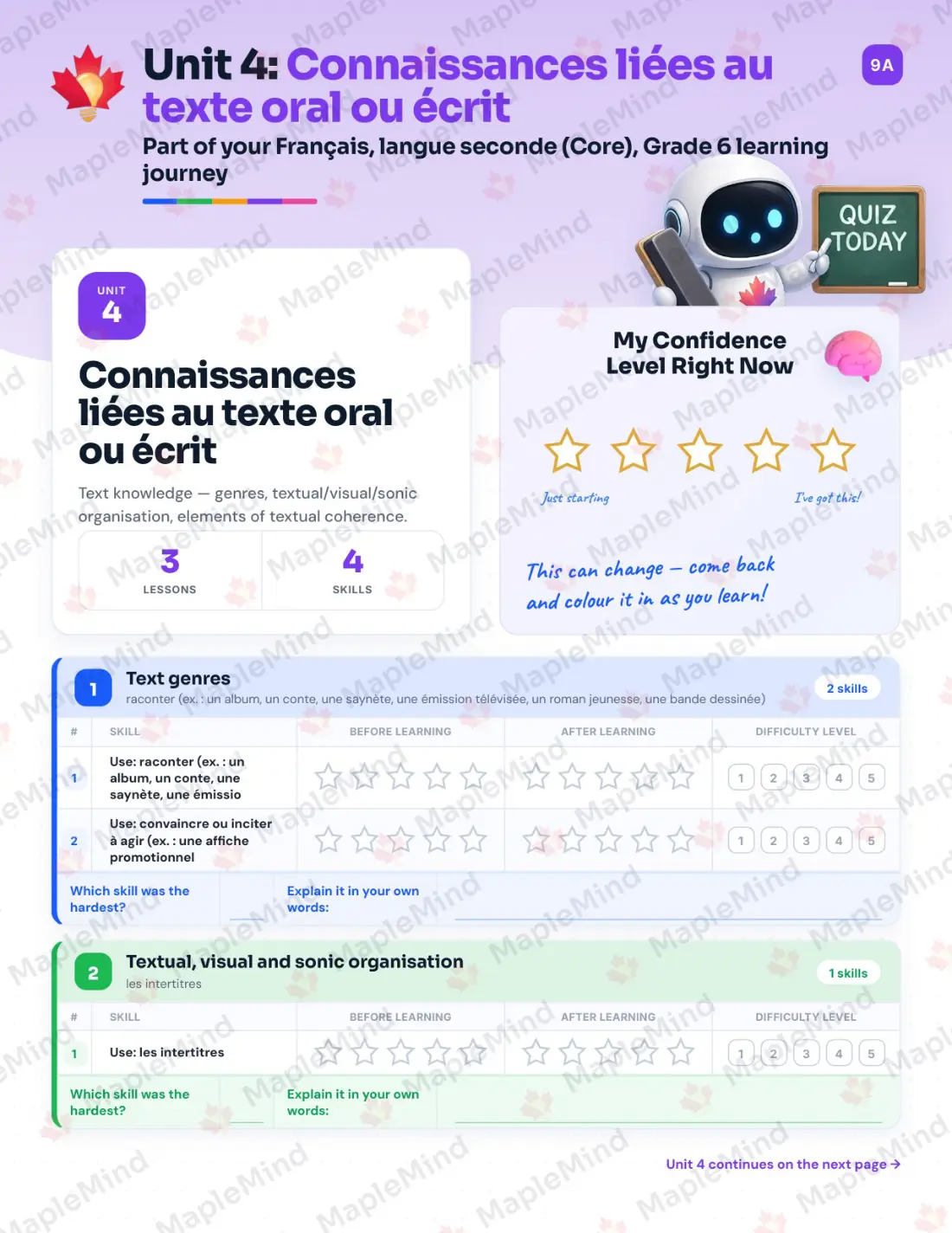Page 19 of 36 from the Français, langue seconde (Core), Grade 6 Quebec Course Companion — skills tracker with before and after self-assessment