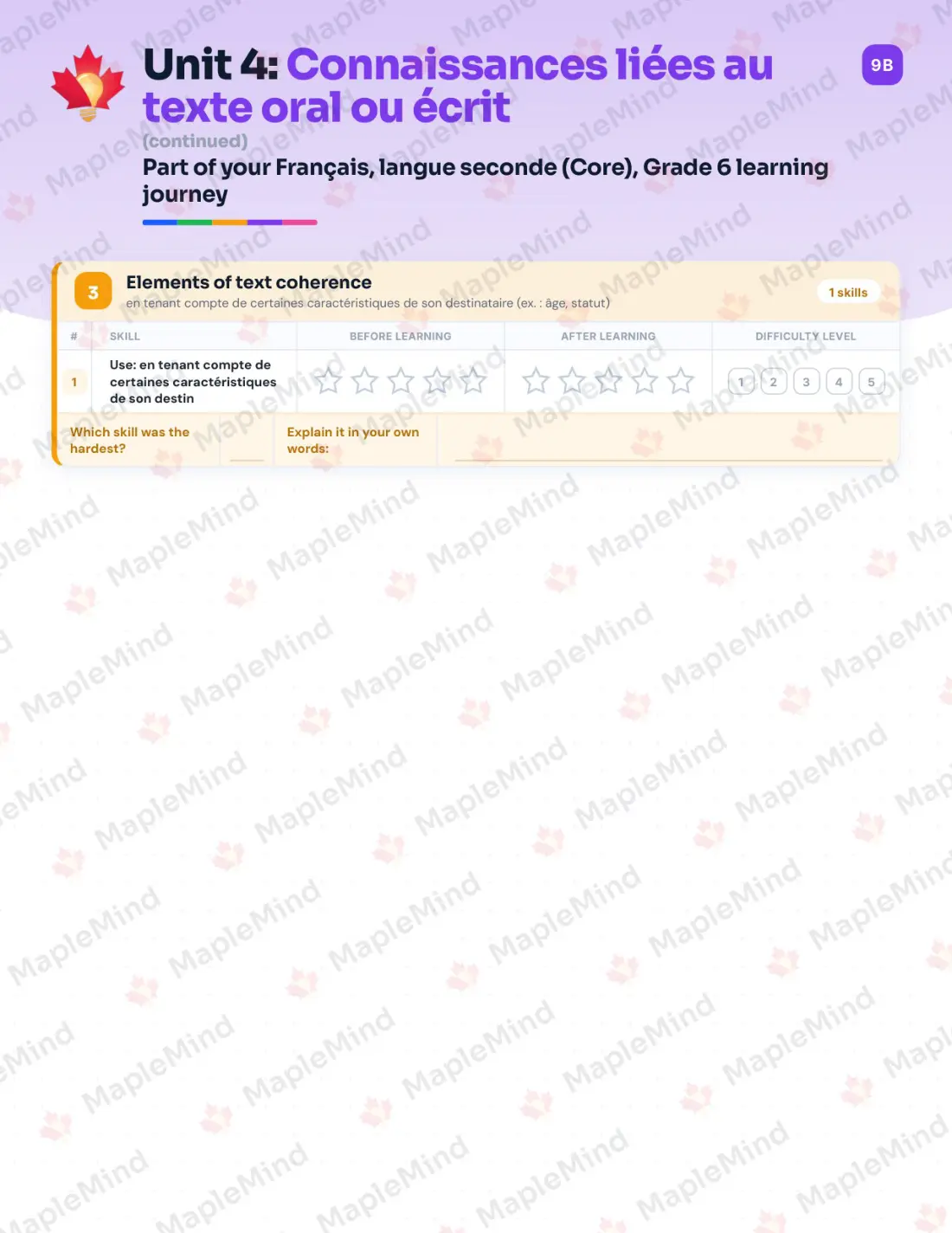 Page 20 of 36 from the Français, langue seconde (Core), Grade 6 Quebec Course Companion — skills tracker with before and after self-assessment