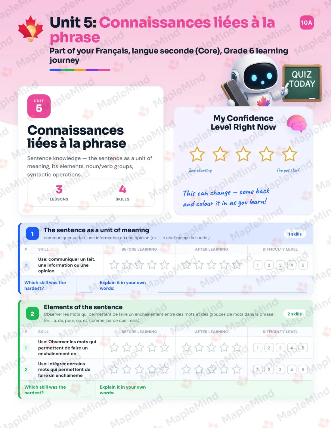 Page 23 of 36 from the Français, langue seconde (Core), Grade 6 Quebec Course Companion — skills tracker with before and after self-assessment