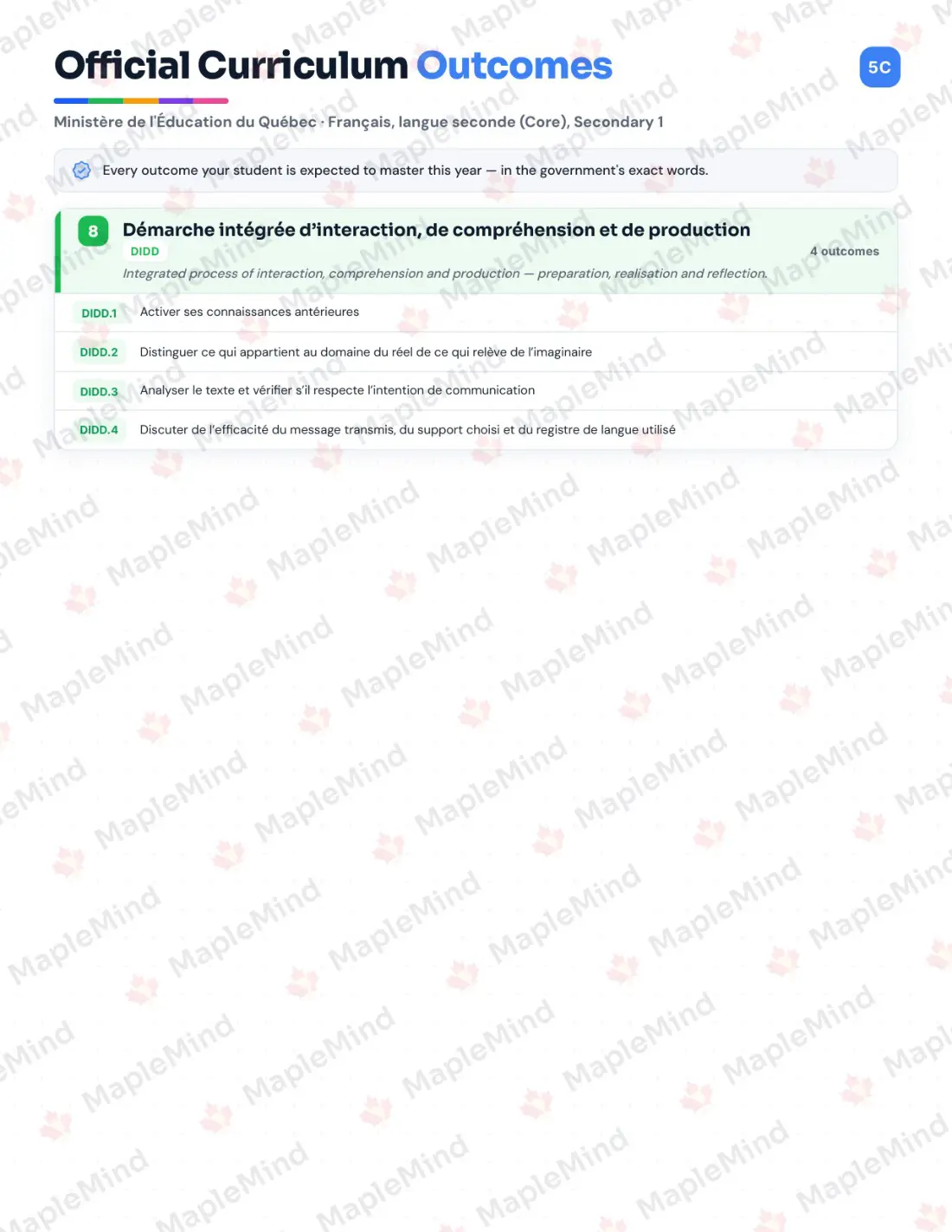 Page 7 of 58 from the Français, langue seconde (Core), Secondary 1 Quebec Course Companion — skills tracker with before and after self-assessment