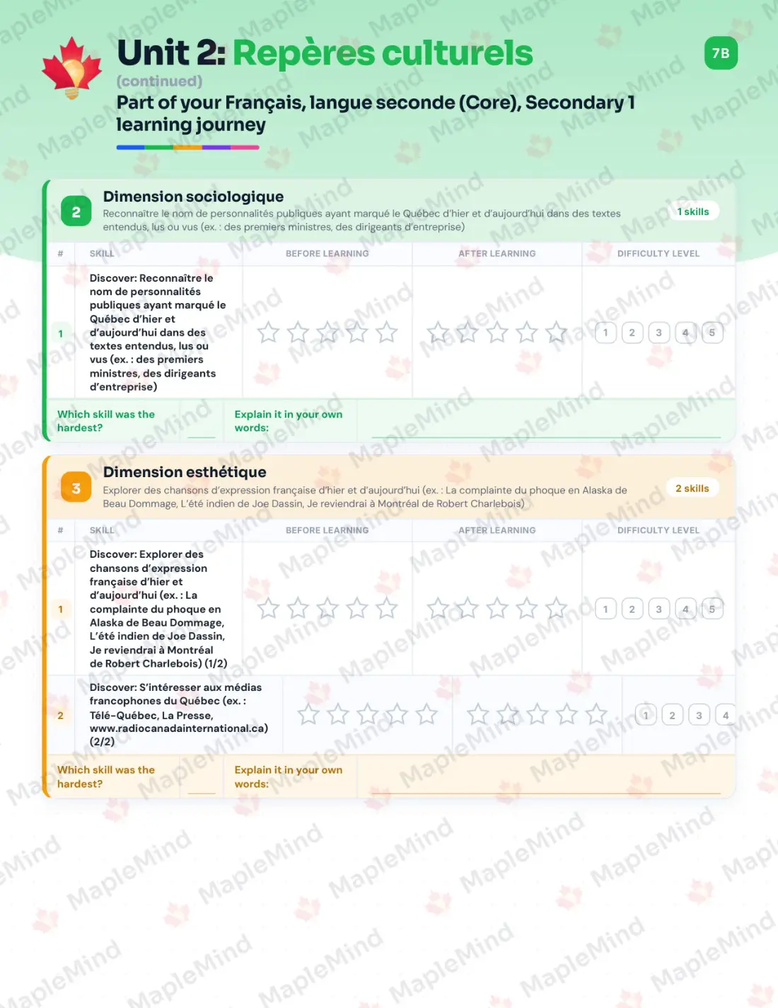 Page 13 of 58 from the Français, langue seconde (Core), Secondary 1 Quebec Course Companion — skills tracker with before and after self-assessment