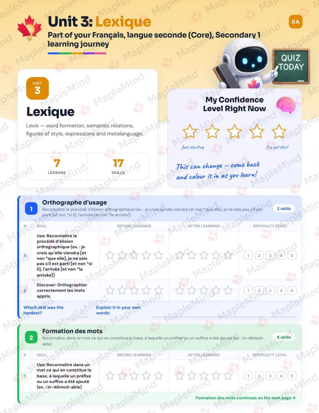 Page 16 of 58 from the Français, langue seconde (Core), Secondary 1 Quebec Course Companion — skills tracker with before and after self-assessment