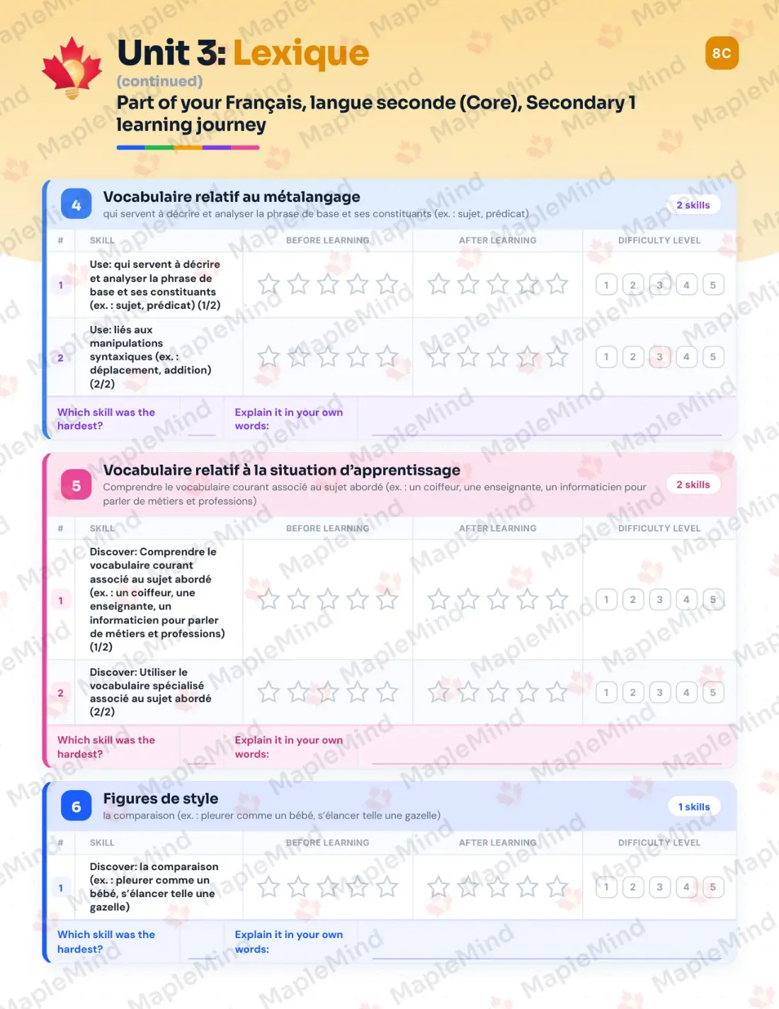 Page 18 of 58 from the Français, langue seconde (Core), Secondary 1 Quebec Course Companion — skills tracker with before and after self-assessment