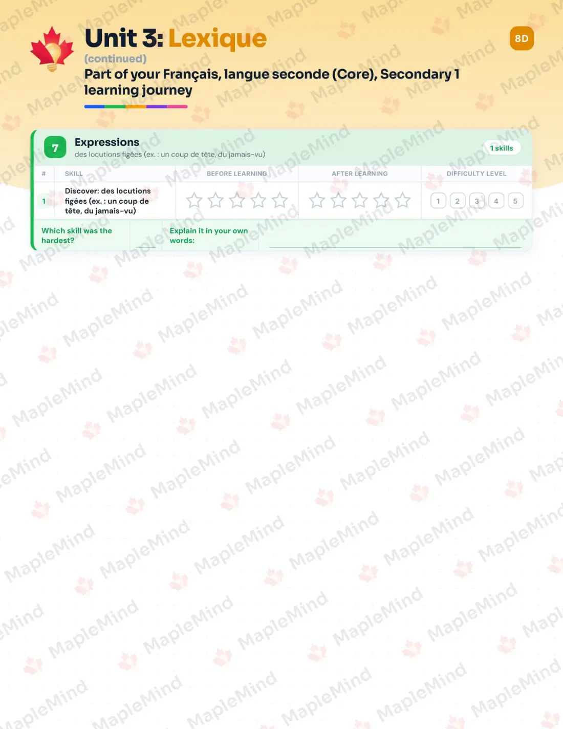 Page 19 of 58 from the Français, langue seconde (Core), Secondary 1 Quebec Course Companion — skills tracker with before and after self-assessment