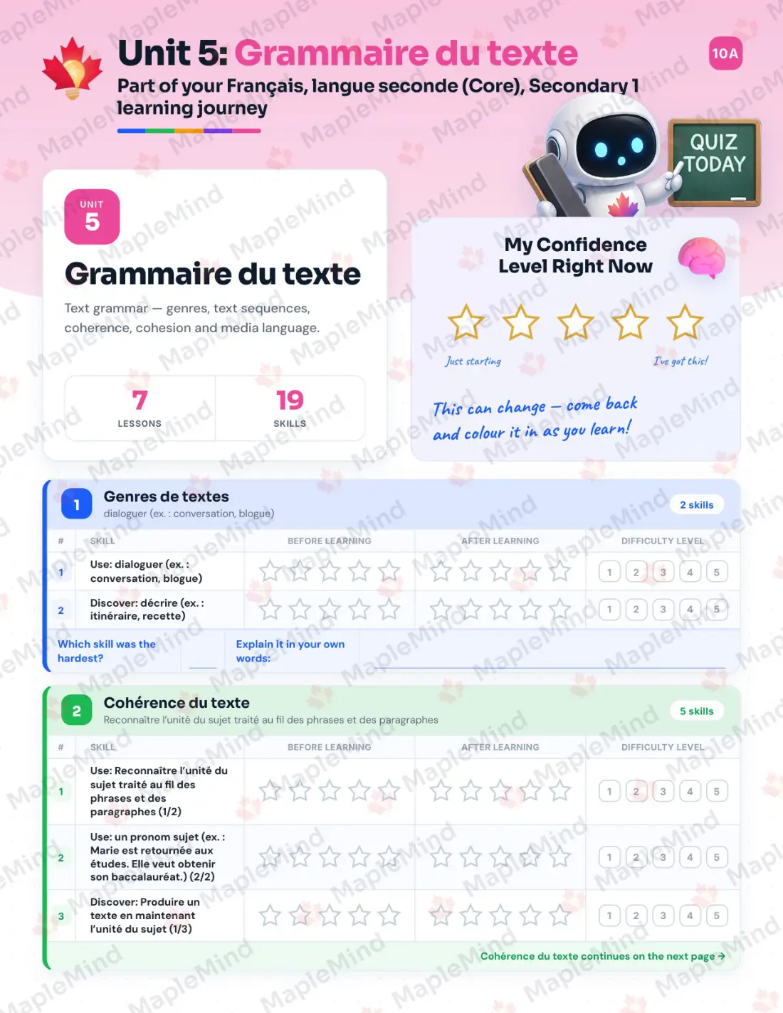 Page 26 of 58 from the Français, langue seconde (Core), Secondary 1 Quebec Course Companion — skills tracker with before and after self-assessment