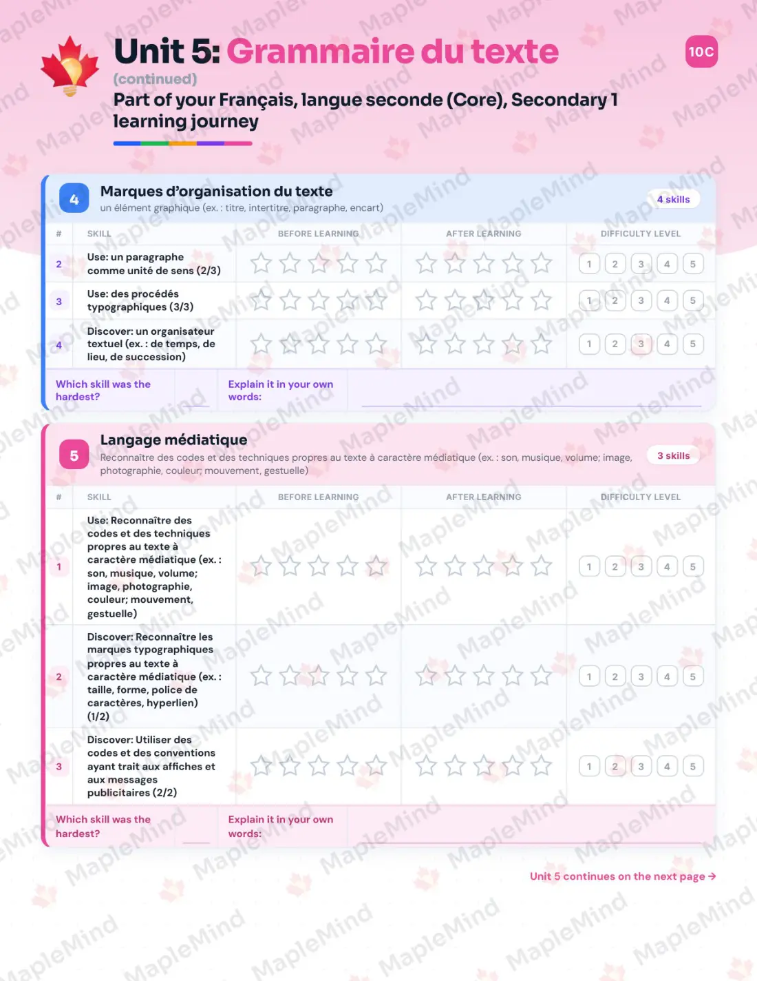 Page 28 of 58 from the Français, langue seconde (Core), Secondary 1 Quebec Course Companion — skills tracker with before and after self-assessment