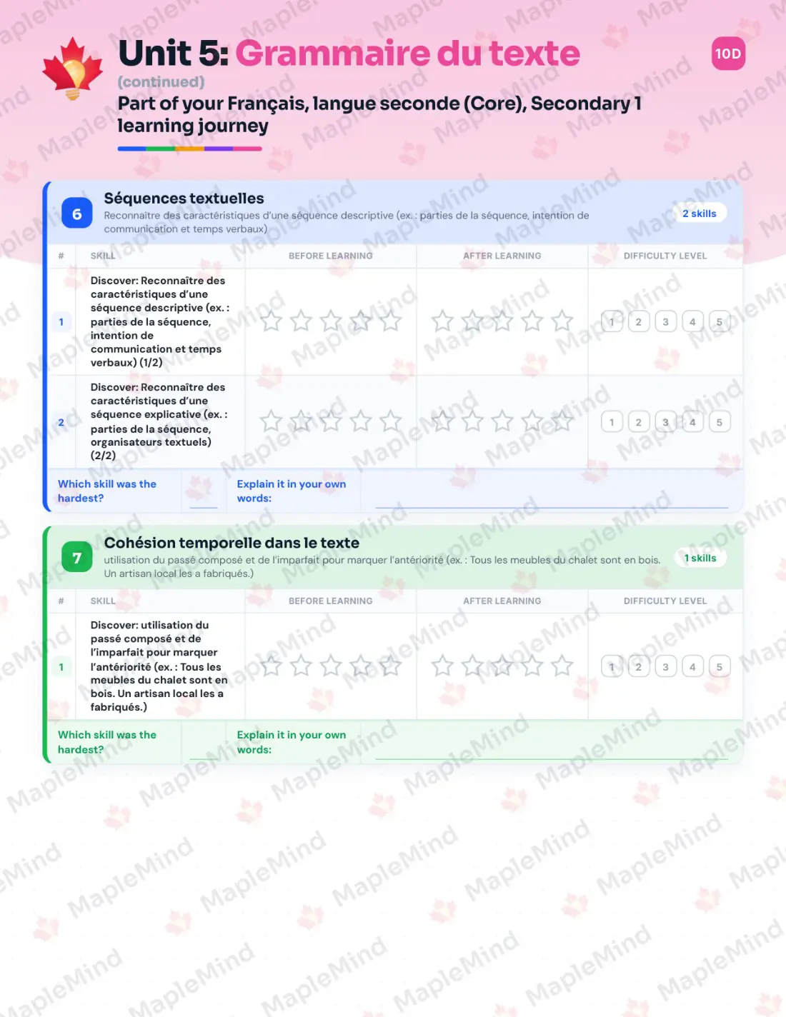 Page 29 of 58 from the Français, langue seconde (Core), Secondary 1 Quebec Course Companion — skills tracker with before and after self-assessment