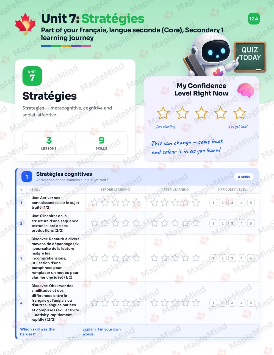Page 40 of 58 from the Français, langue seconde (Core), Secondary 1 Quebec Course Companion — skills tracker with before and after self-assessment