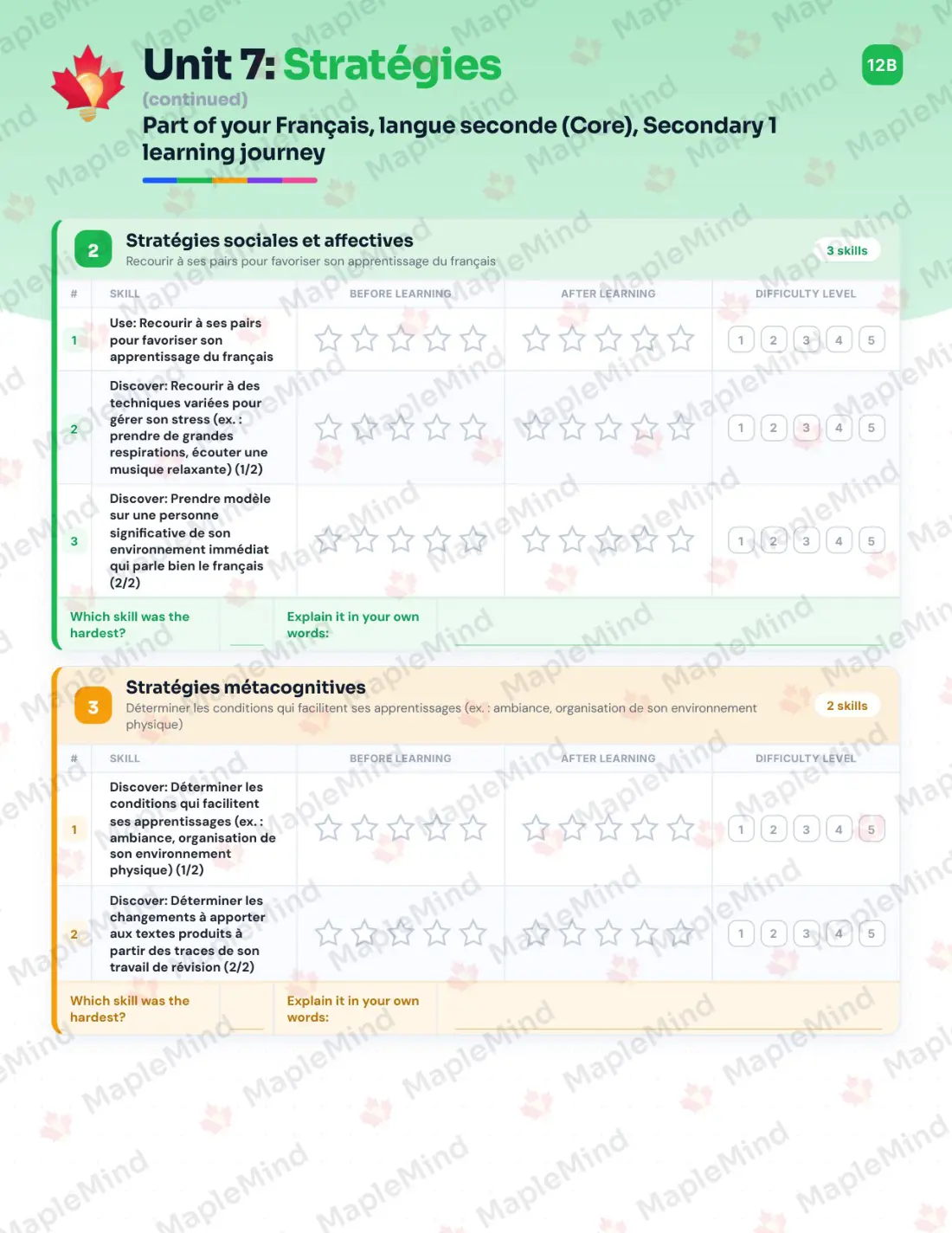 Page 41 of 58 from the Français, langue seconde (Core), Secondary 1 Quebec Course Companion — skills tracker with before and after self-assessment