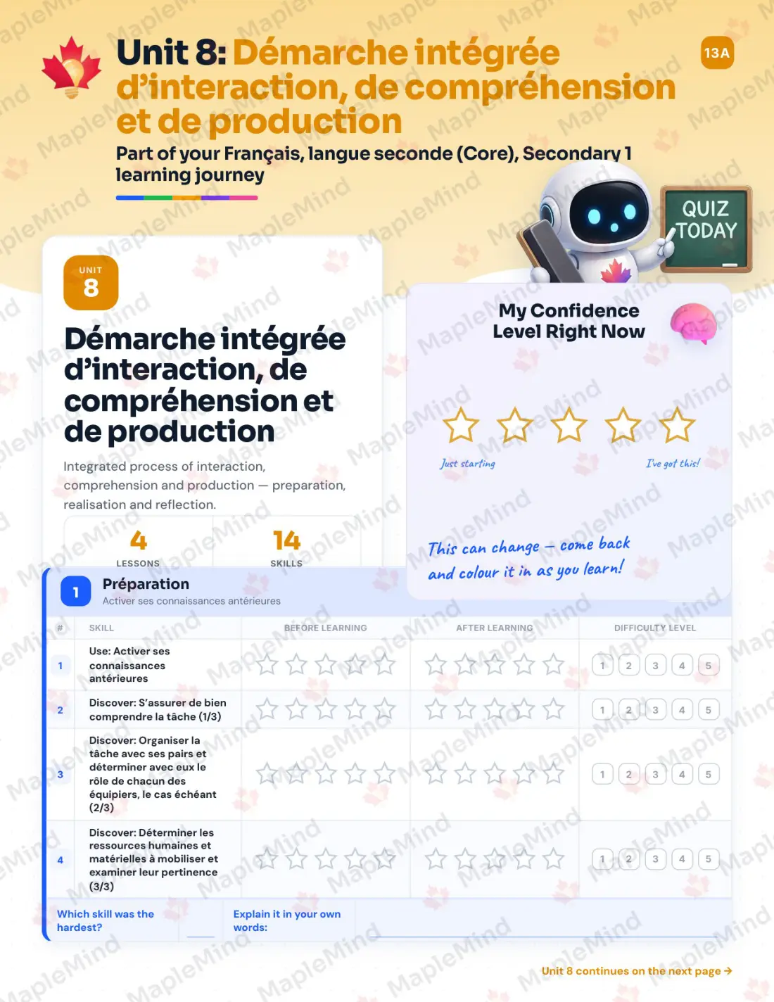 Page 44 of 58 from the Français, langue seconde (Core), Secondary 1 Quebec Course Companion — skills tracker with before and after self-assessment