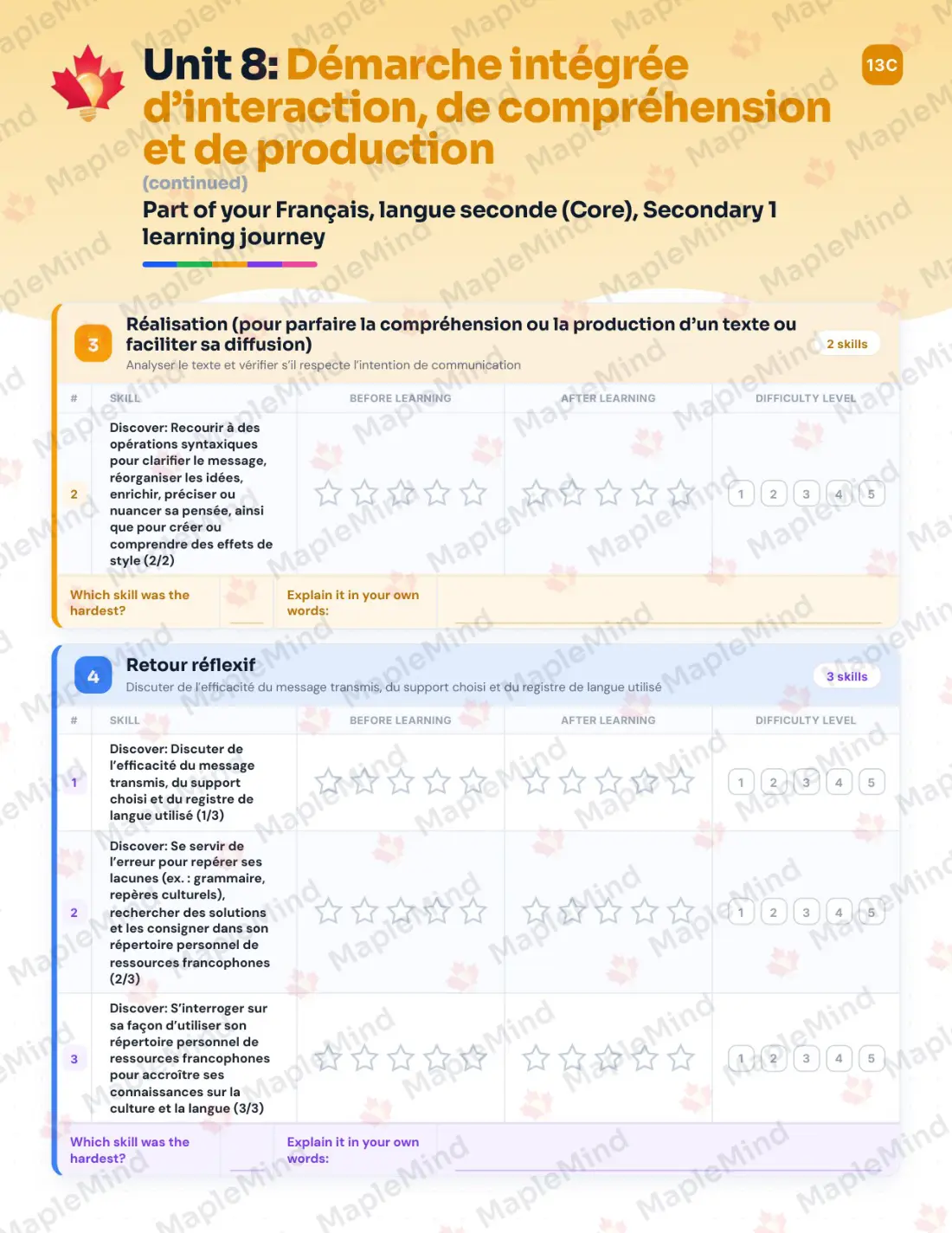 Page 46 of 58 from the Français, langue seconde (Core), Secondary 1 Quebec Course Companion — skills tracker with before and after self-assessment