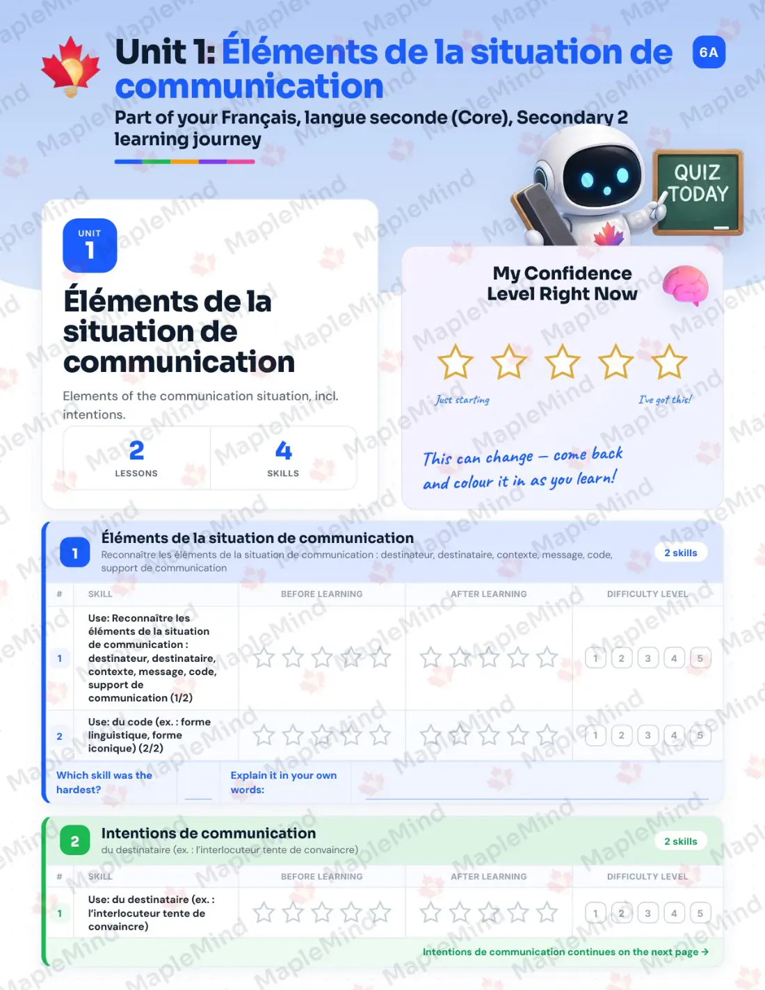Page 7 of 49 from the Français, langue seconde (Core), Secondary 2 Quebec Course Companion — skills tracker with before and after self-assessment
