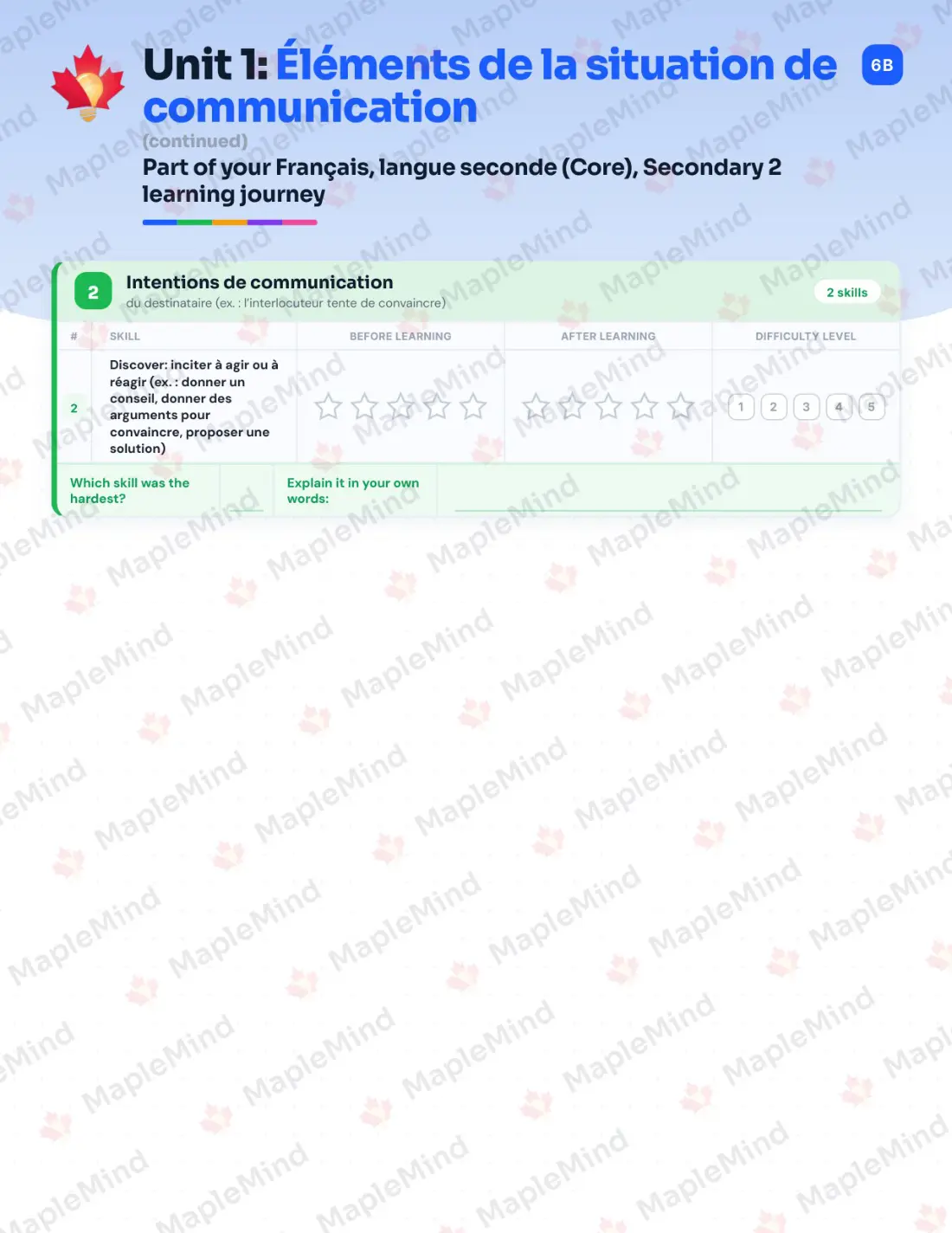 Page 8 of 49 from the Français, langue seconde (Core), Secondary 2 Quebec Course Companion — skills tracker with before and after self-assessment