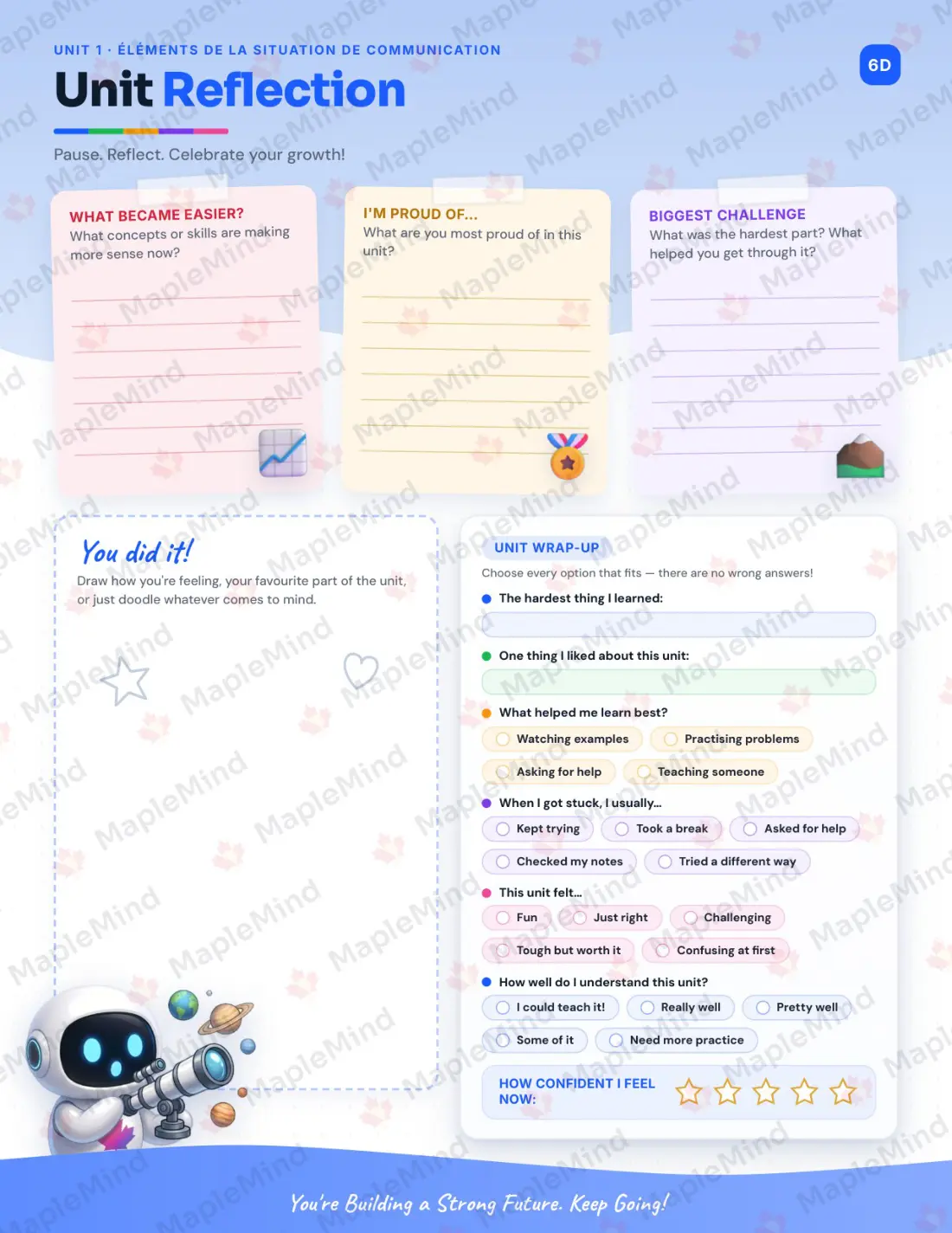 Page 10 of 49 from the Français, langue seconde (Core), Secondary 2 Quebec Course Companion — skills tracker with before and after self-assessment