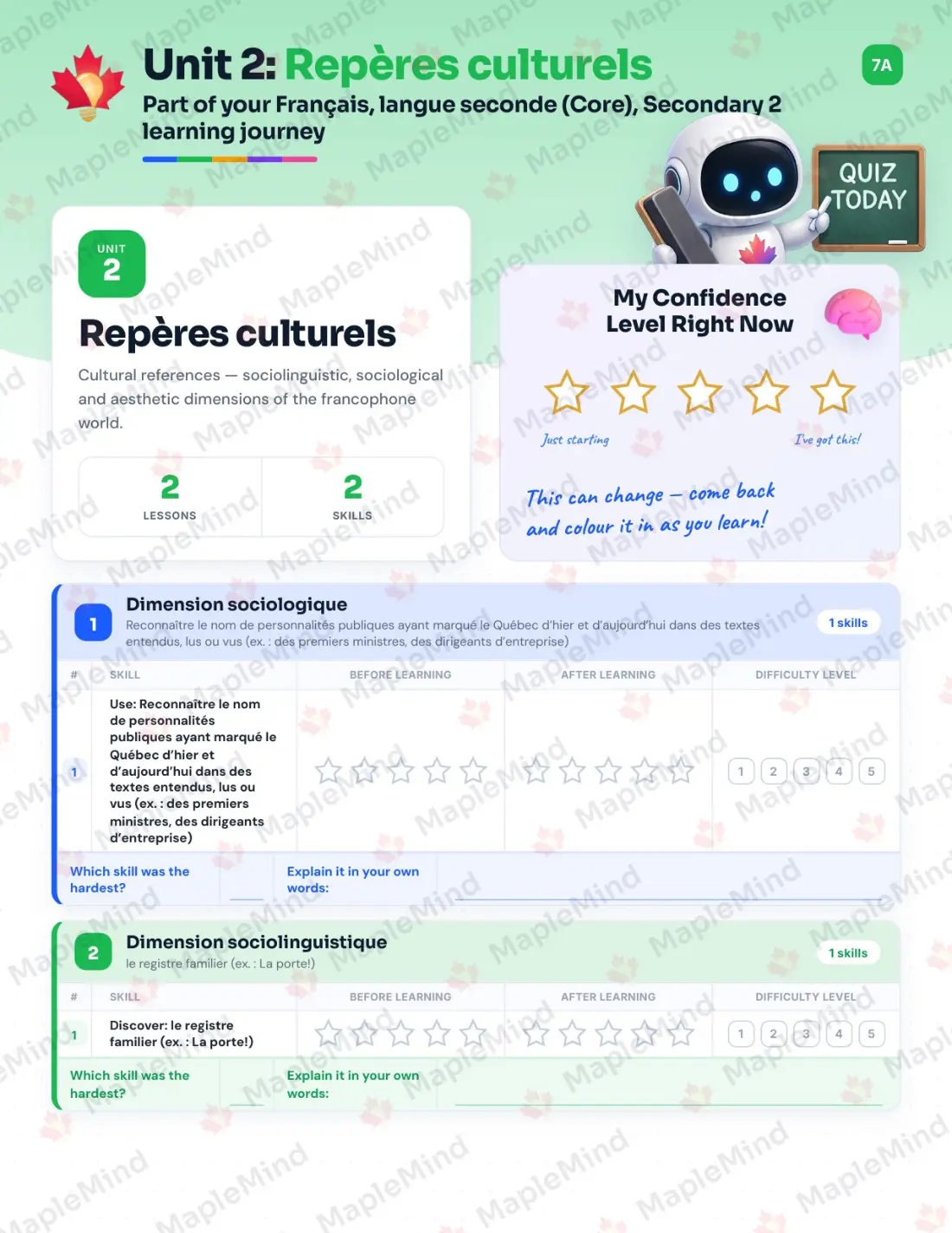 Page 11 of 49 from the Français, langue seconde (Core), Secondary 2 Quebec Course Companion — skills tracker with before and after self-assessment