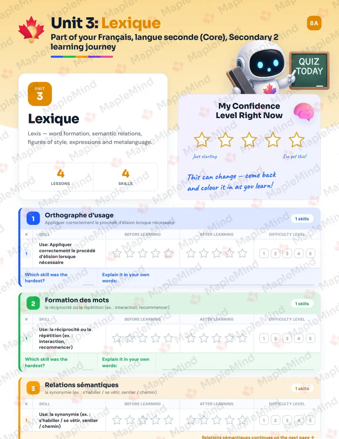 Page 14 of 49 from the Français, langue seconde (Core), Secondary 2 Quebec Course Companion — skills tracker with before and after self-assessment