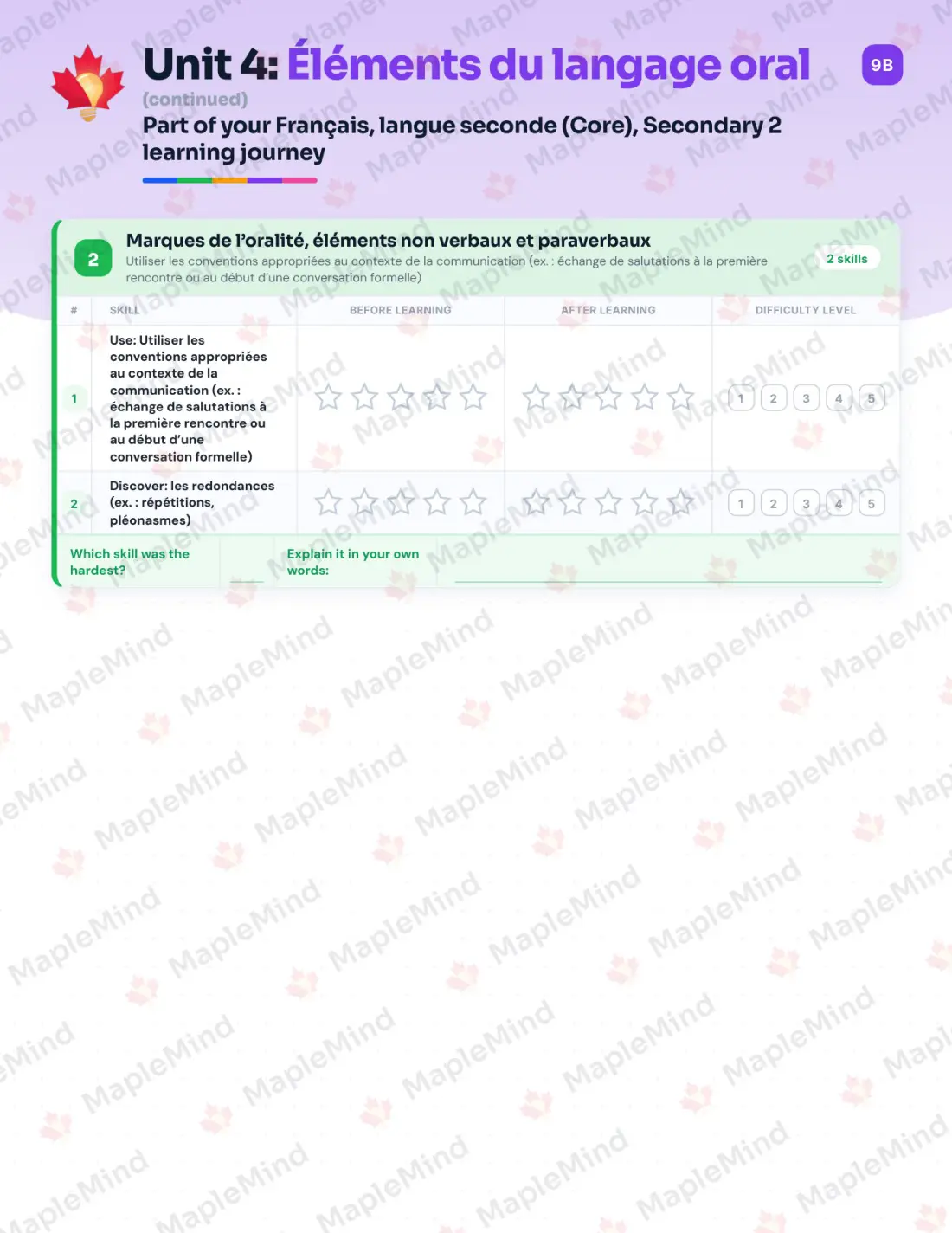 Page 19 of 49 from the Français, langue seconde (Core), Secondary 2 Quebec Course Companion — skills tracker with before and after self-assessment