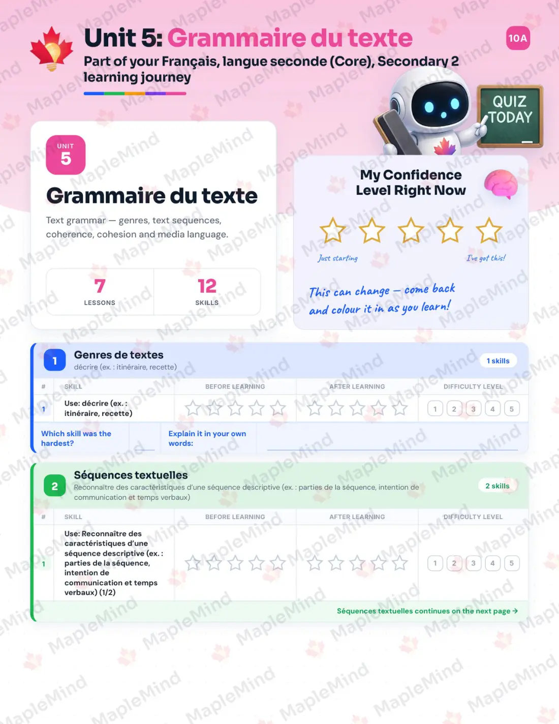 Page 22 of 49 from the Français, langue seconde (Core), Secondary 2 Quebec Course Companion — skills tracker with before and after self-assessment