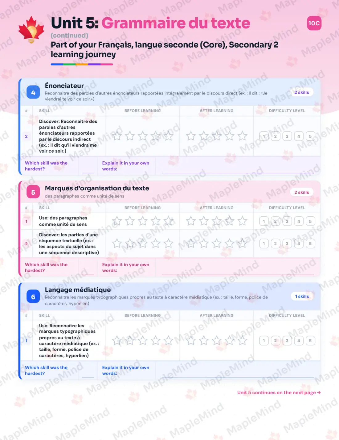 Page 24 of 49 from the Français, langue seconde (Core), Secondary 2 Quebec Course Companion — skills tracker with before and after self-assessment