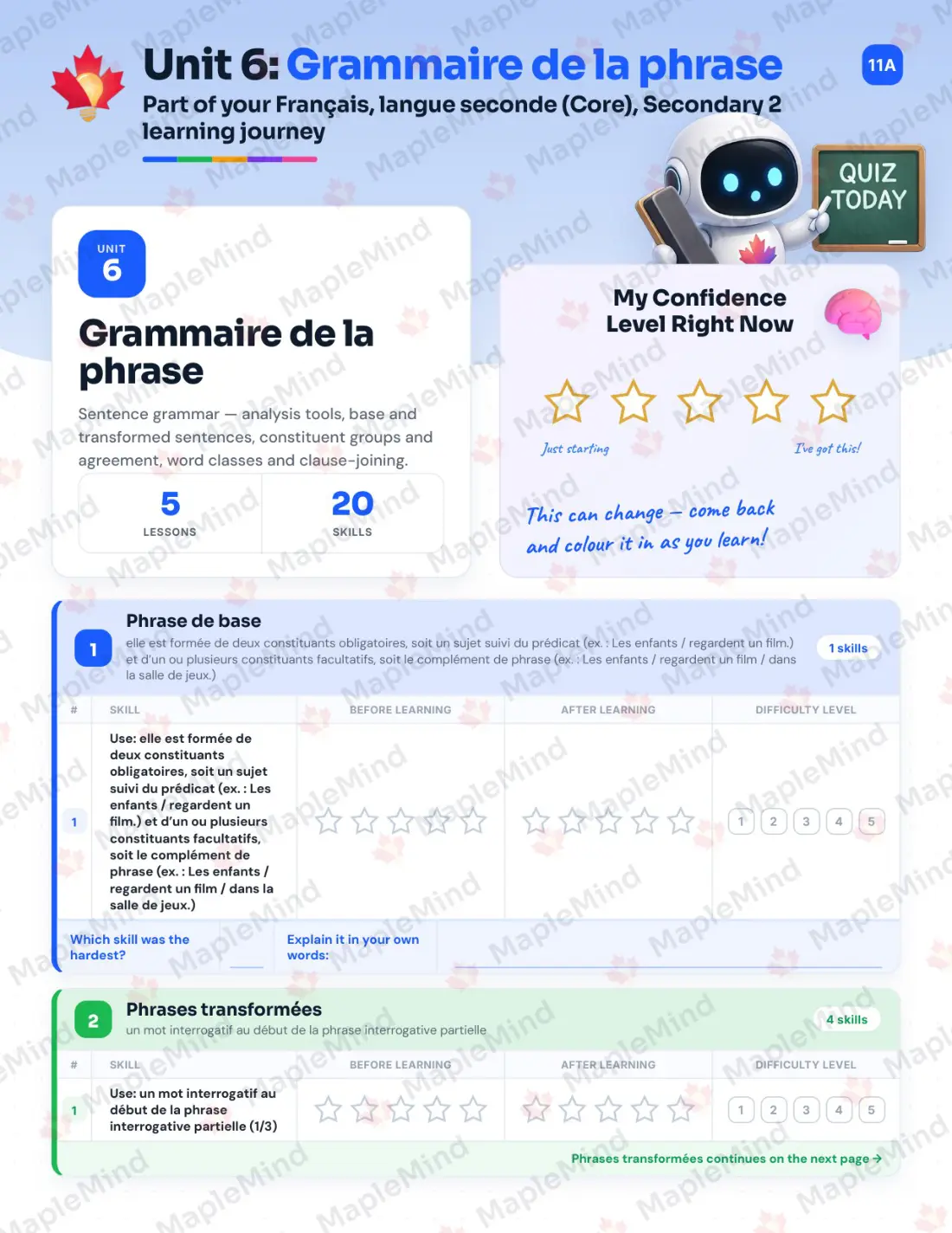 Page 28 of 49 from the Français, langue seconde (Core), Secondary 2 Quebec Course Companion — skills tracker with before and after self-assessment