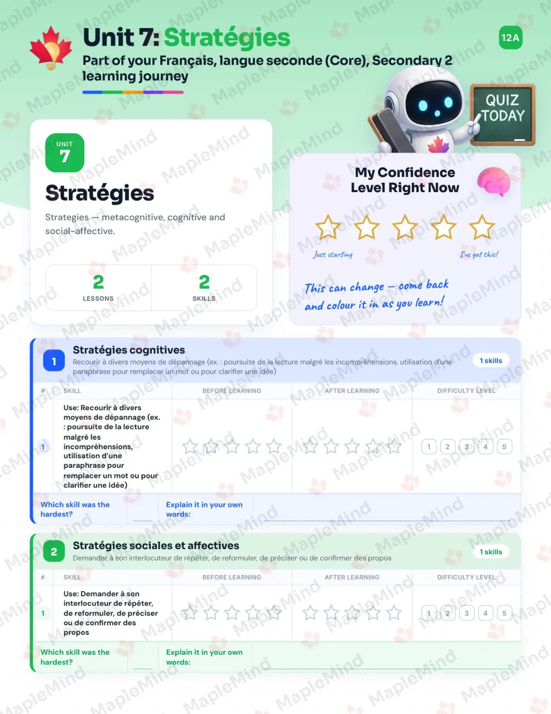 Page 34 of 49 from the Français, langue seconde (Core), Secondary 2 Quebec Course Companion — skills tracker with before and after self-assessment