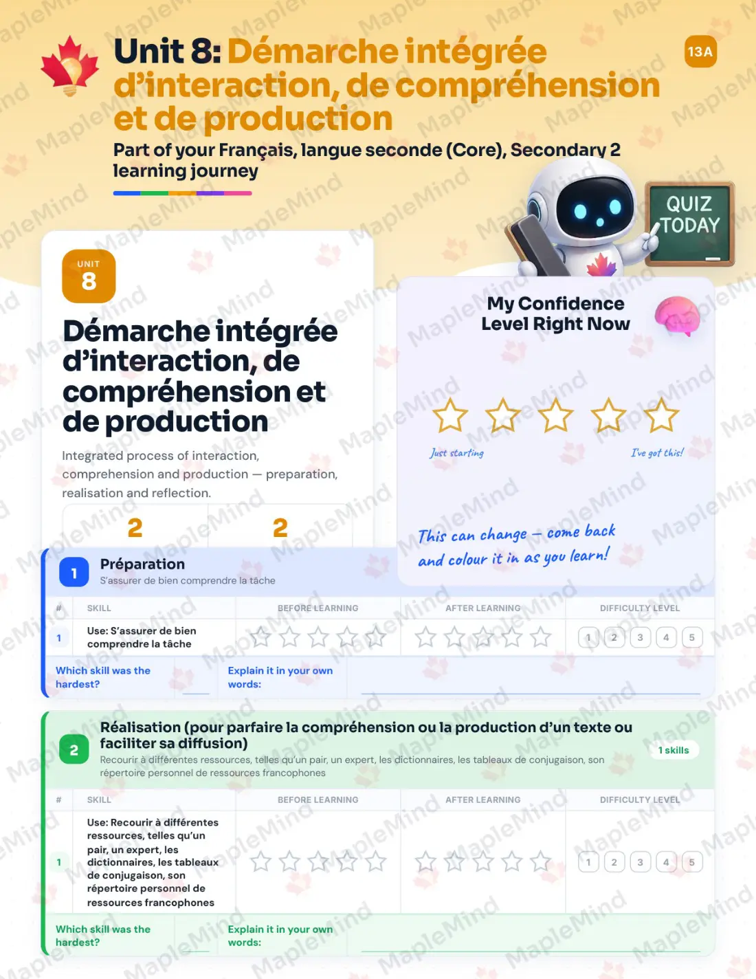 Page 37 of 49 from the Français, langue seconde (Core), Secondary 2 Quebec Course Companion — skills tracker with before and after self-assessment