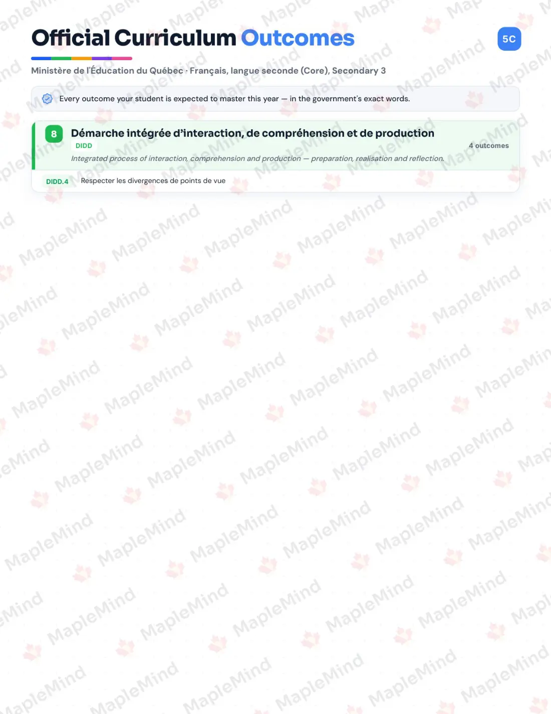Page 7 of 53 from the Français, langue seconde (Core), Secondary 3 Quebec Course Companion — skills tracker with before and after self-assessment