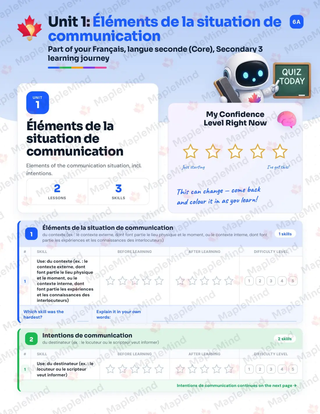 Page 8 of 53 from the Français, langue seconde (Core), Secondary 3 Quebec Course Companion — skills tracker with before and after self-assessment