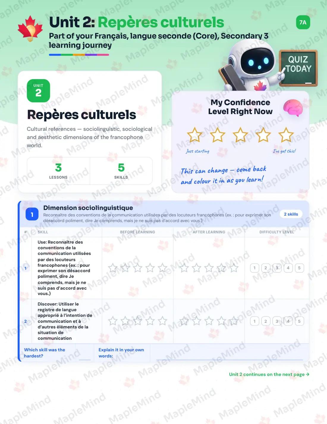 Page 12 of 53 from the Français, langue seconde (Core), Secondary 3 Quebec Course Companion — skills tracker with before and after self-assessment