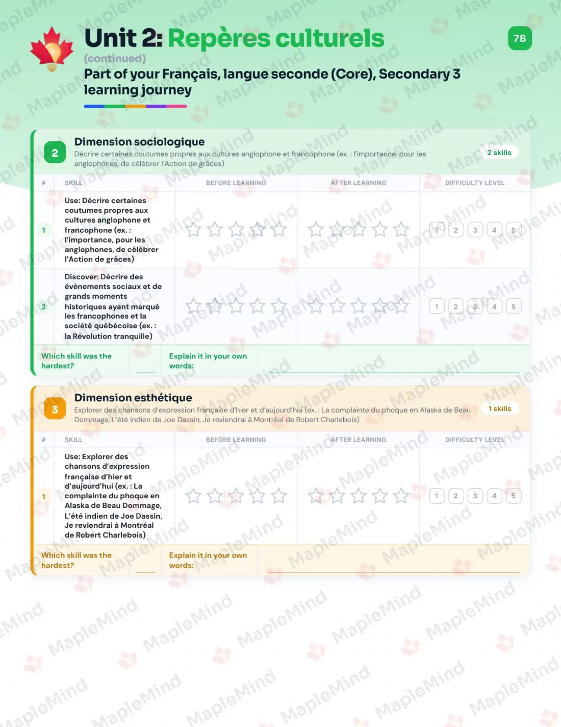 Page 13 of 53 from the Français, langue seconde (Core), Secondary 3 Quebec Course Companion — skills tracker with before and after self-assessment