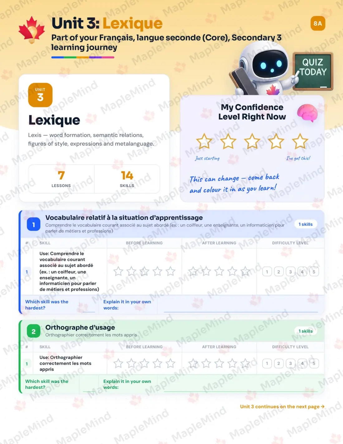 Page 16 of 53 from the Français, langue seconde (Core), Secondary 3 Quebec Course Companion — skills tracker with before and after self-assessment