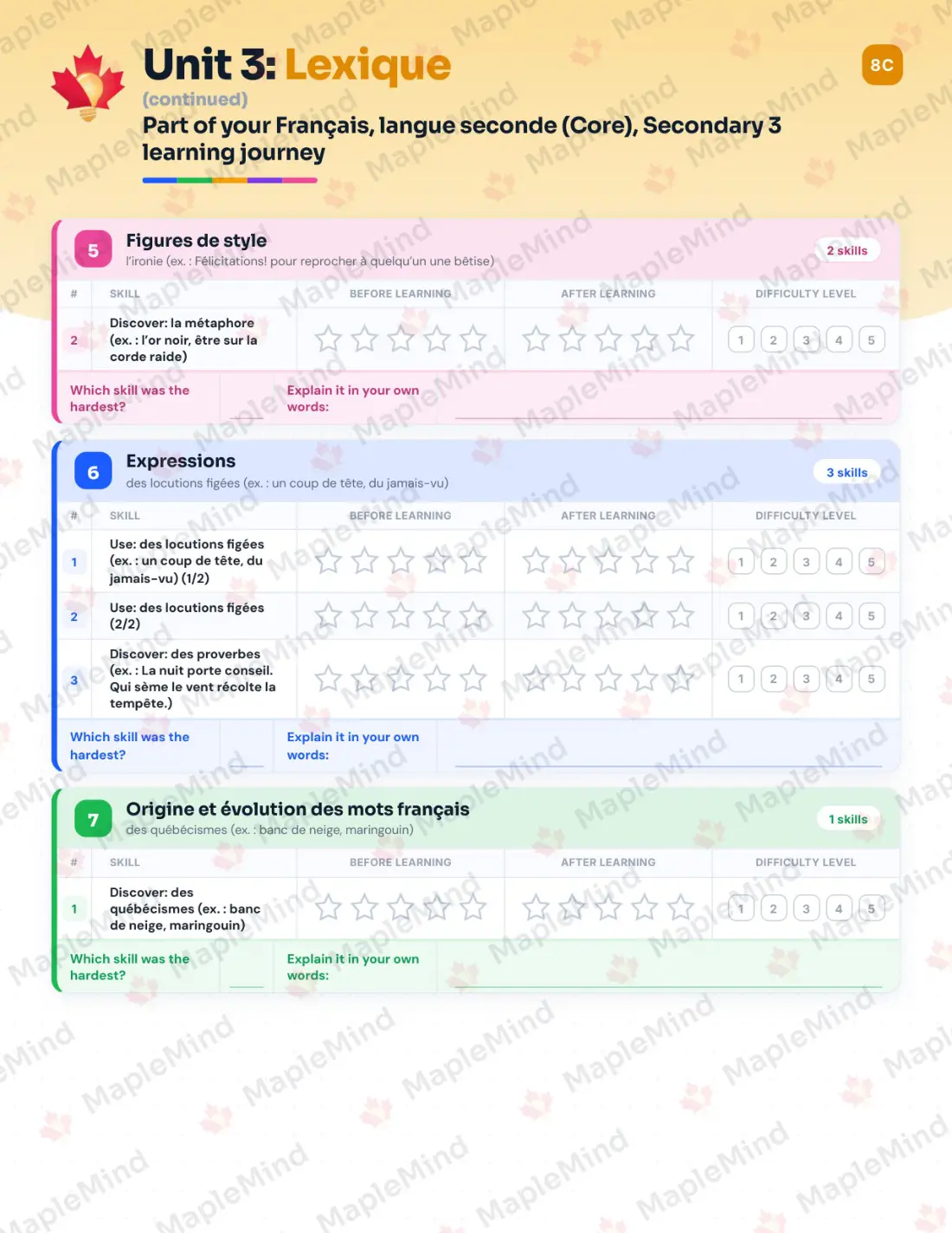 Page 18 of 53 from the Français, langue seconde (Core), Secondary 3 Quebec Course Companion — skills tracker with before and after self-assessment