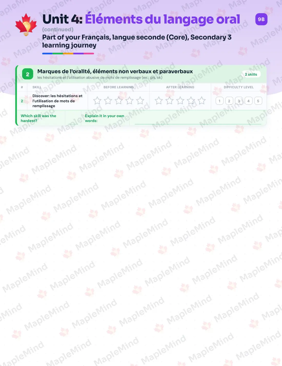 Page 22 of 53 from the Français, langue seconde (Core), Secondary 3 Quebec Course Companion — skills tracker with before and after self-assessment